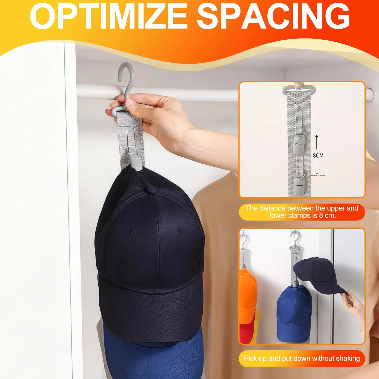 Porta Cappelli da Parete con 8 Clips, Gancio Girevole 360°, Organizer per Cappellini Baseball Fedora Berretti Grigio