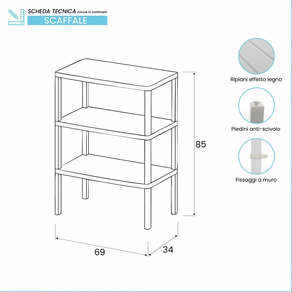Inbagno Scaffale 3 Ripiani Plastica 34x69x85 Cm In Polipropilene Linea Woody