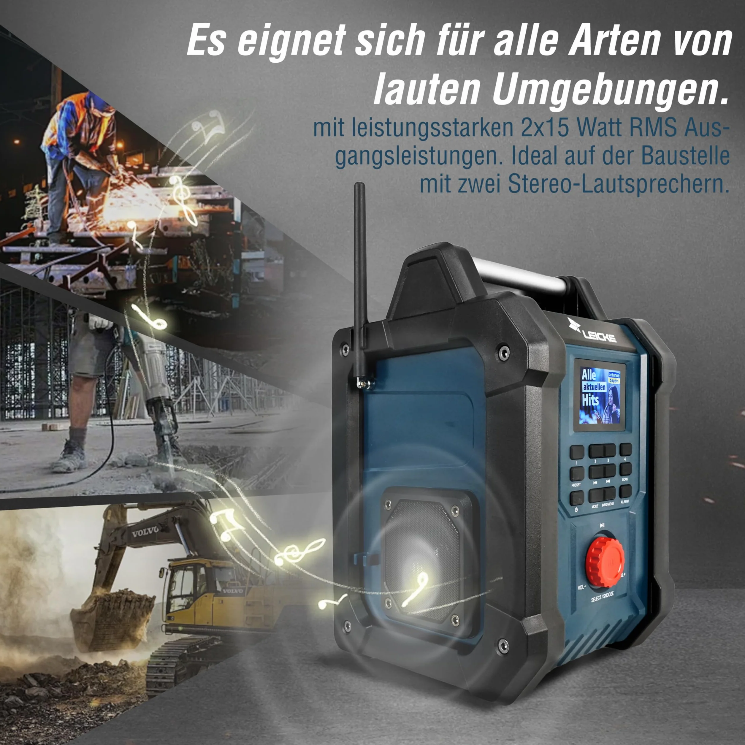 LEICKE Radio da cantiere DAB/DAB+/FM con Bluetooth, batteria 4000 mAh e caricabatterie inclusi, 2 altoparlanti da 15W e display LCD da 2,4 pollici
