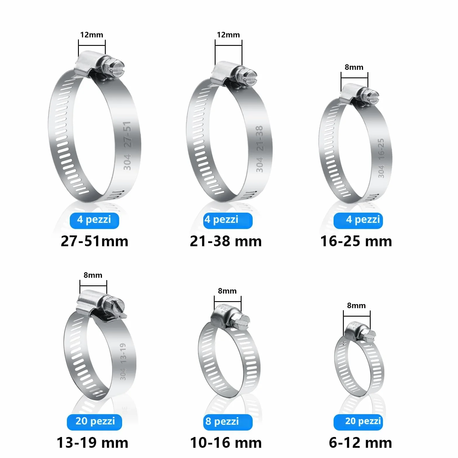 60 Pezzi Fascette Stringitubo Set, Fascetta Stringitubo Regolabile 6-51mm Metalliche, Fascette a Vite in Acciaio Inox, per Lavatrice, Tubi Piscina, Giardino, Tubi Gas, Acqua, Auto