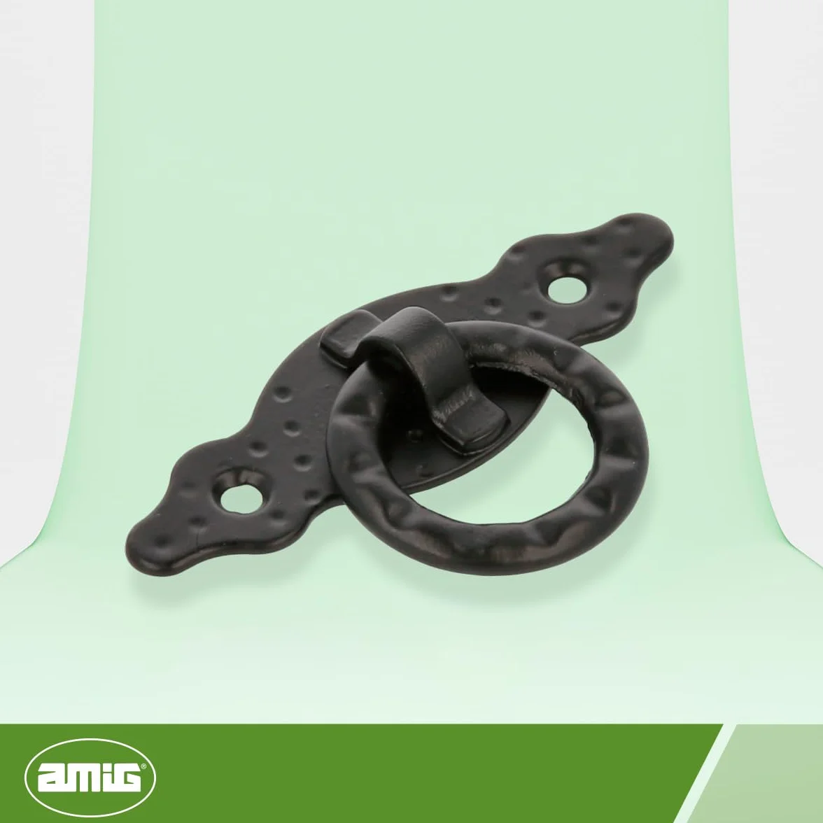 Amig - Maniglie Per Mobili Orizzontale - Modello 1000 - Acciaio - Ferramenta Rustica - 80x28x1,5 mm - Con Anello e Placca Puntinata - Finitura: Nera
