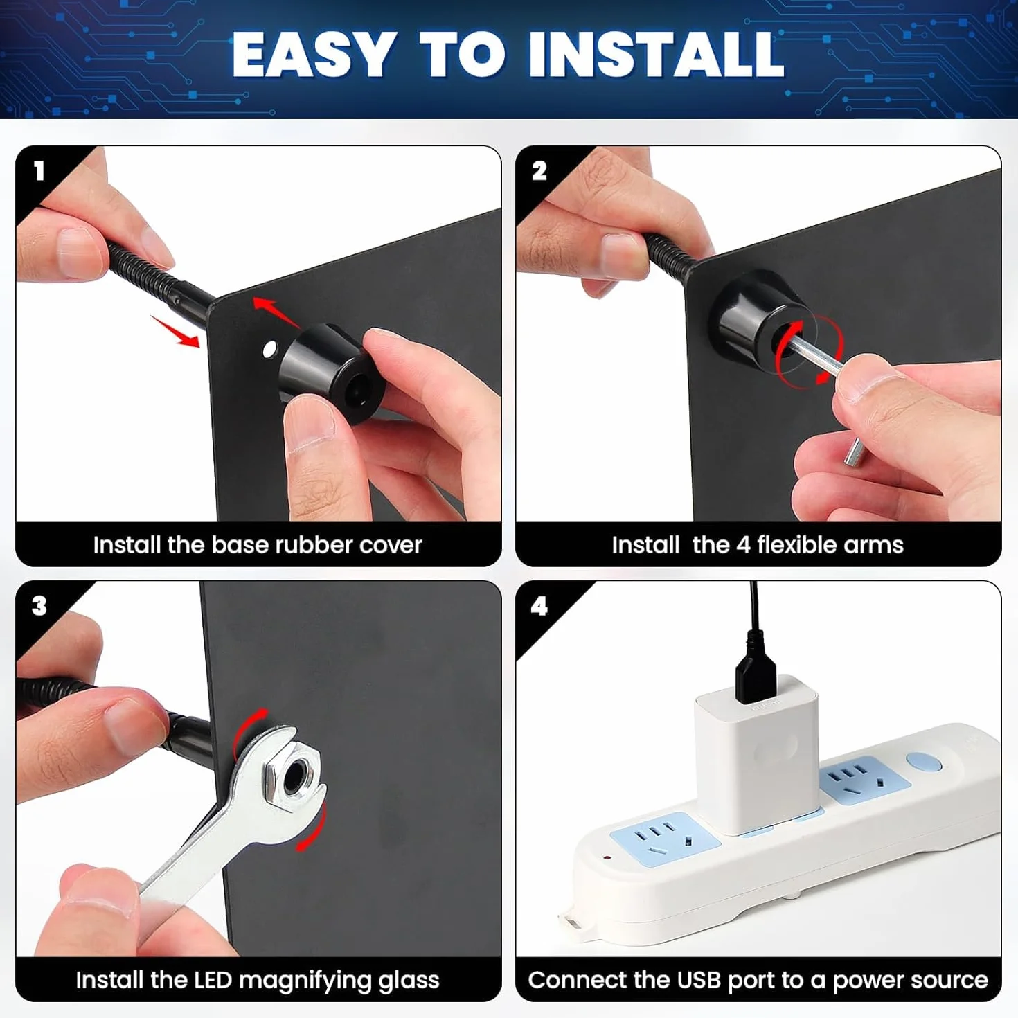 Terza mano per saldatura, supporto per saldatura con lente di ingrandimento 6x e luce, stazione di saldatura con 4 bracci flessibili e lampada LED con lente d'ingrandimento, supporto per saldatura per