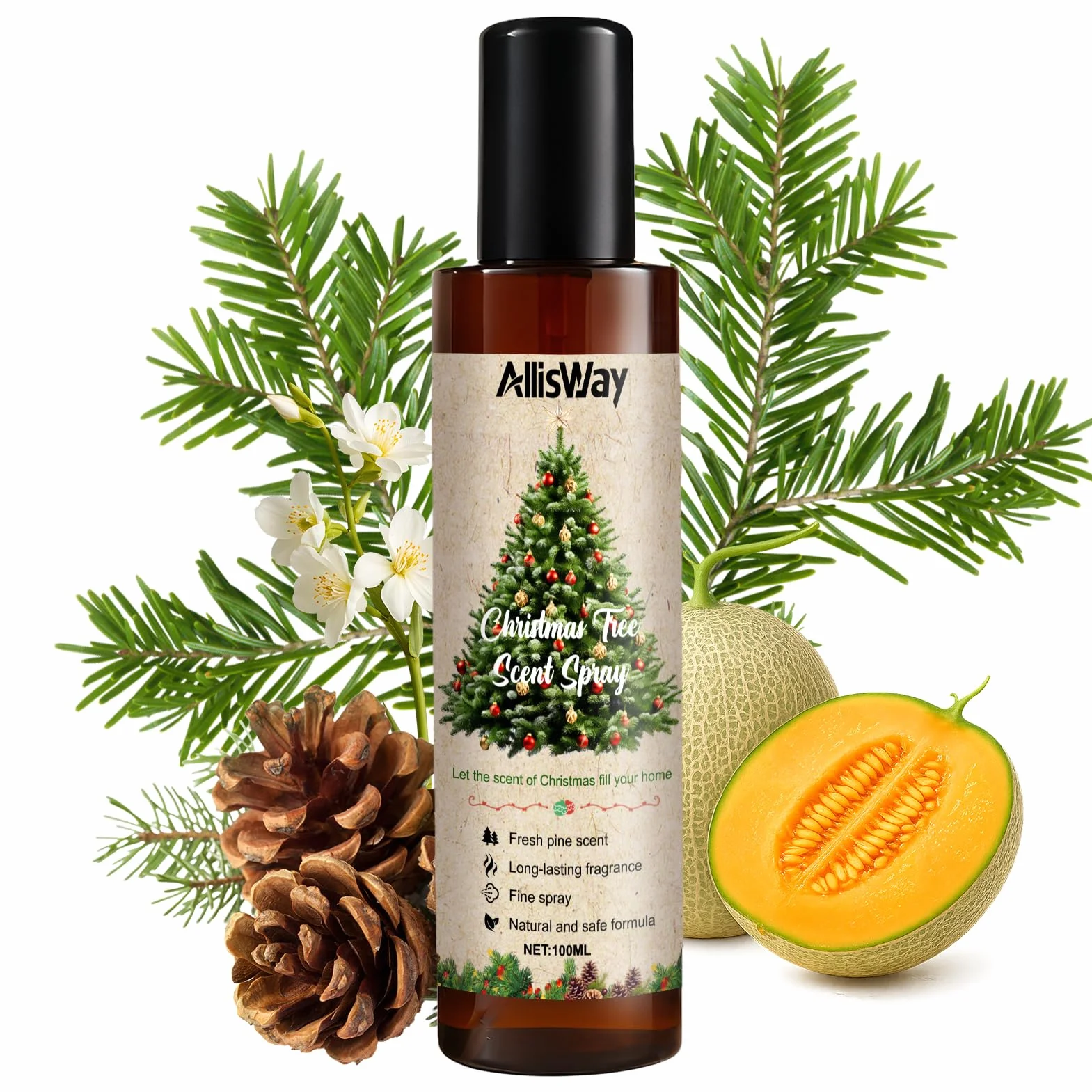 Fragranza per albero di Natale, deodorante per Natale, profumo fresco di pino, che crea un'atmosfera festosa, adatto per alberi di Natale, interni o vestiti, 100 ml