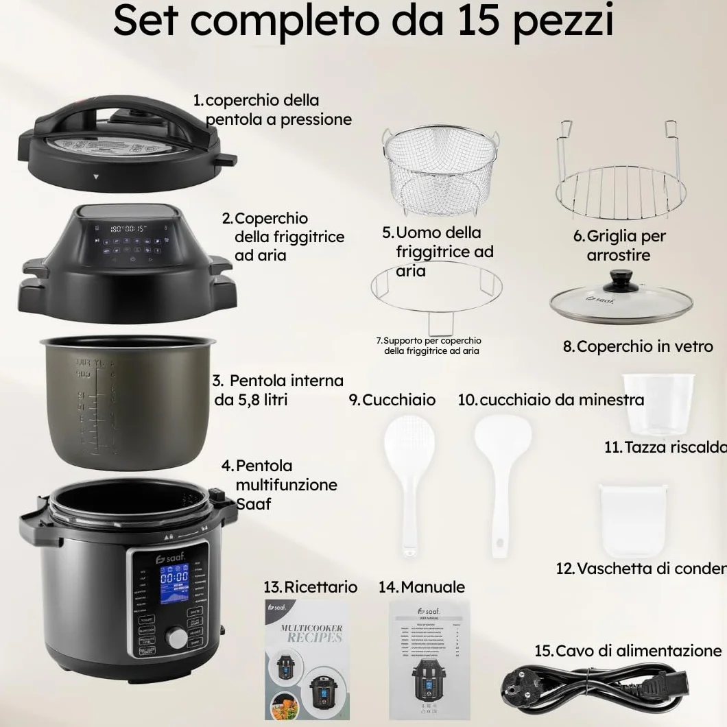 Saaf Multicooker con Airfryer – Set da 15 Pezzi – 24 Programmi – Slowcooker, Cuociriso, Vaporizzatore & Pentola a Pressione – 6L – Include Cestello, Pentola & Ricettario – Display Digitale