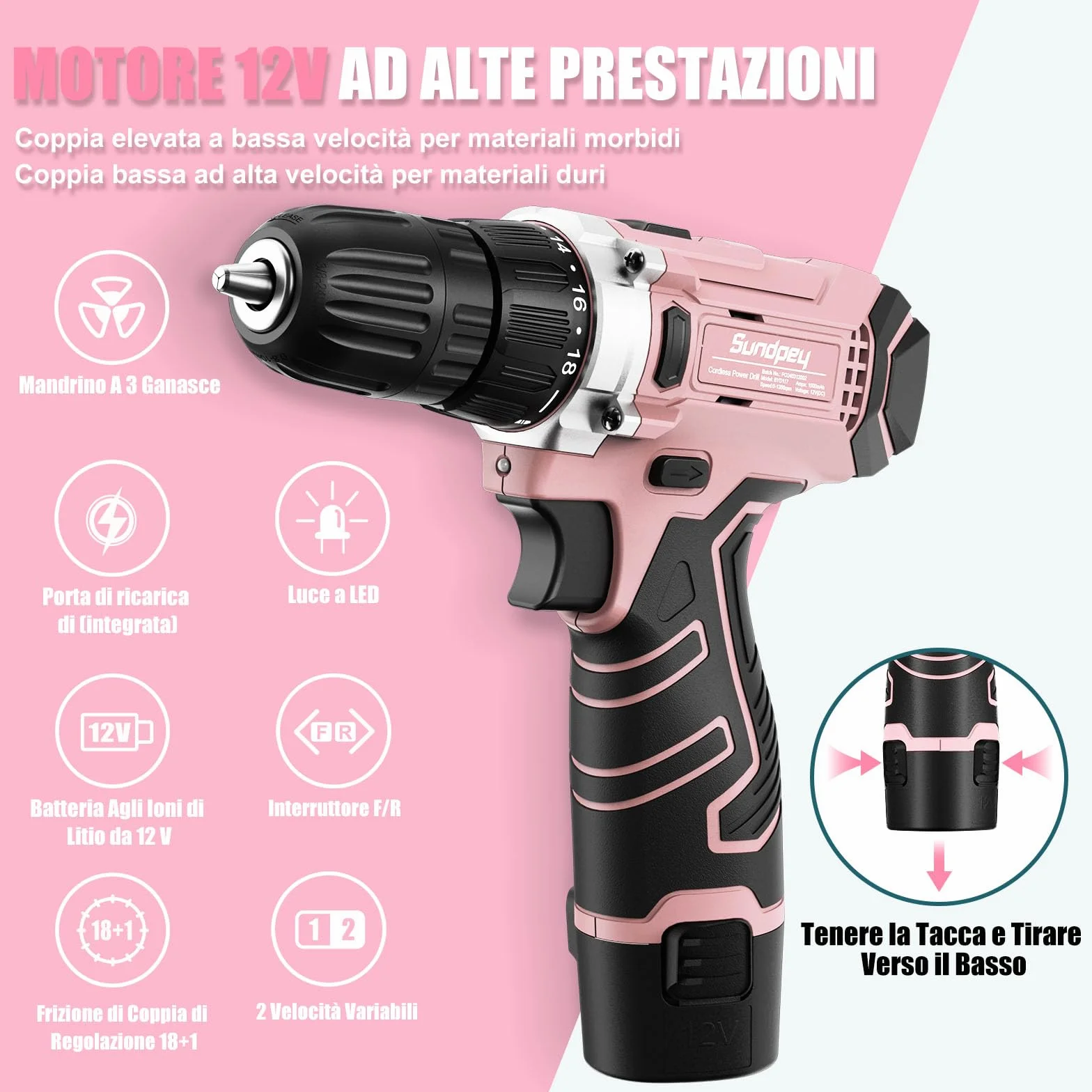 Trapano Avvitatore Batteria 12V - Sundpey Cassetta Attrezzi Completa 206 Pezzi con Trapano a Percussione, Set Attrezzi da Lavoro con Set Completo di Punte per la Decorazione Della Casa Rose