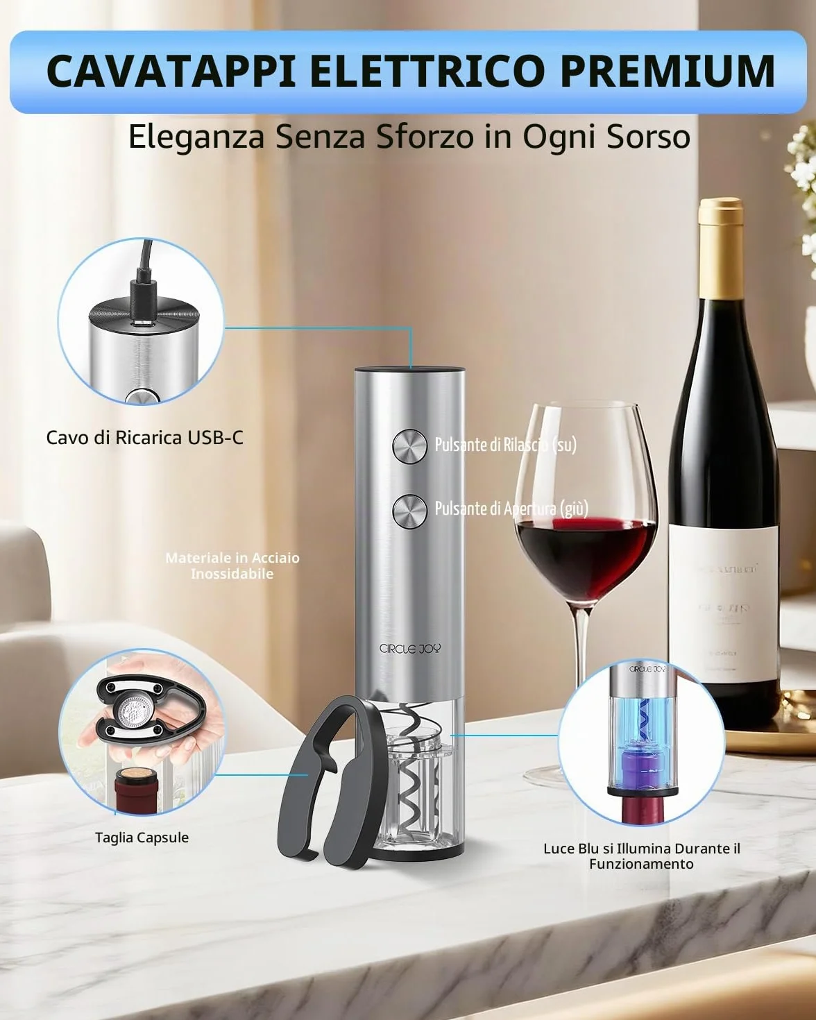 CIRCLE JOY Cavatappi elettrico con taglierina per capsula, apribottiglie in acciaio inox ricaricabile USB per casa e feste