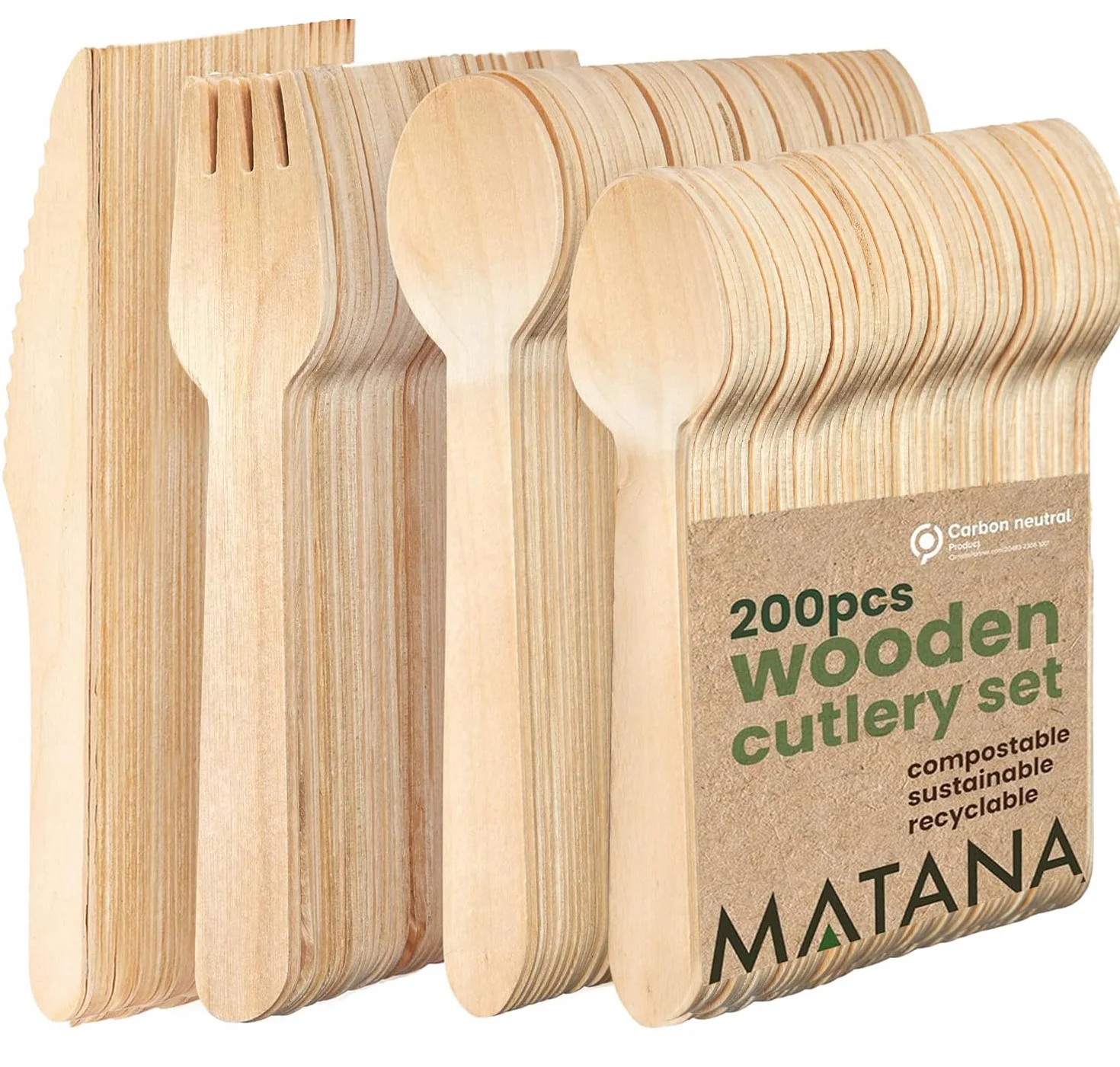 MATANA 200 Posate in Legno Usa e Getta - 50 Coltelli, 50 Forchette, 50 Cucchiai, 50 Cucchiaini - Senza Plastica, Ecologico, 100% Legno Naturale