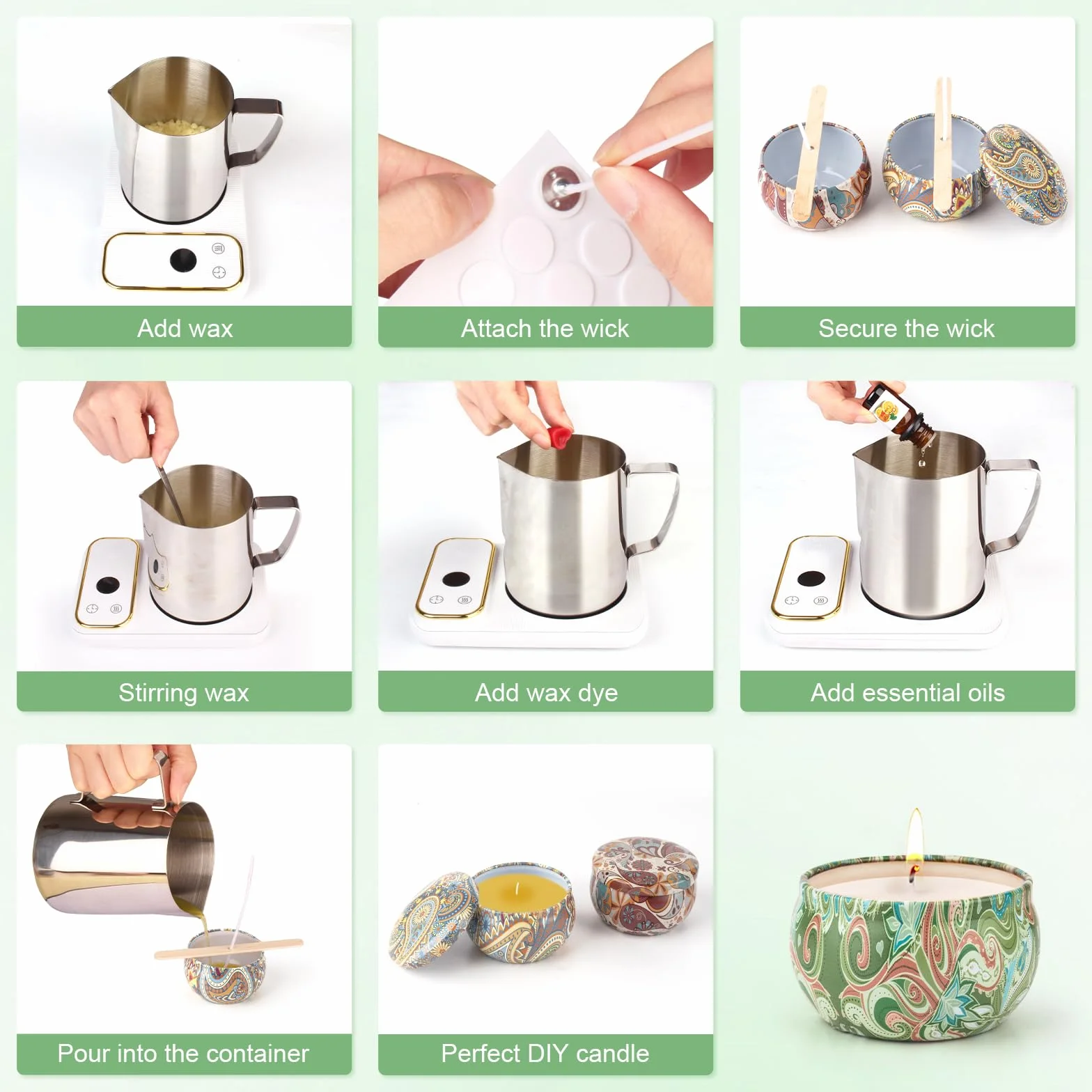 VICBAY Kit Candele Fai Da Te, Cera per Candele Fai Da Te, DIY Set Regalo per Candele, 480g Cera Soia, 9 Candele Barattoli, 6 Oli Profumati, 100 Stoppini, 112 Adesivi