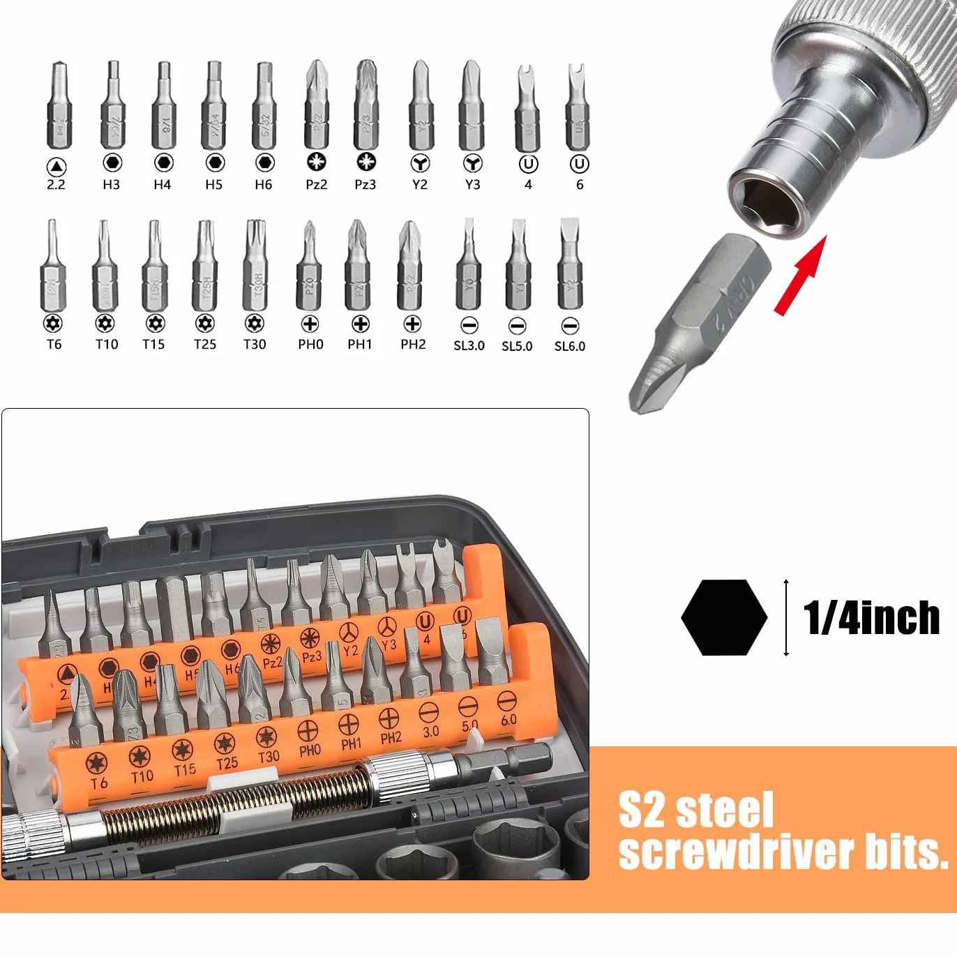 Set di Chiavi a Bussola 38 Pezzi 1/4" con Barra di Prolunga e Barra Scorrevole