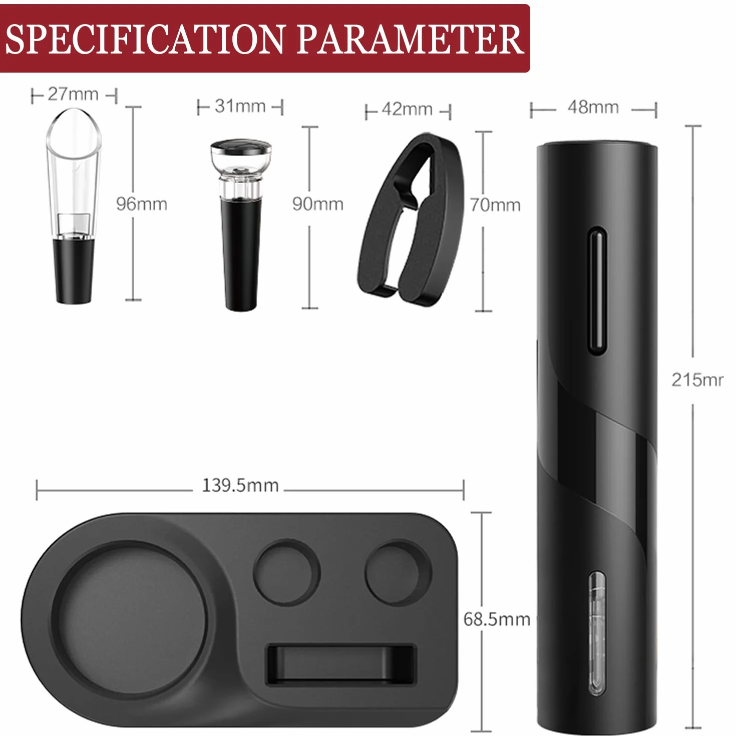 Cavatappi Elettrico per Vino, Set di Apribottiglie Elettrico 6 In 1 con Base, Taglierina, Versatore, Tappo in Silicone per Vuoto, Linea di Ricarica USB