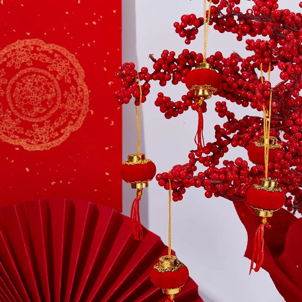 SUPERFINDINGS Set di 2 60 decorazioni cinesi per Capodanno, 31 mm, mini lanterne rosse in velluto, decorazione per Capodanno, matrimoni, feste, ufficio, casa, albero, decorazione esterna