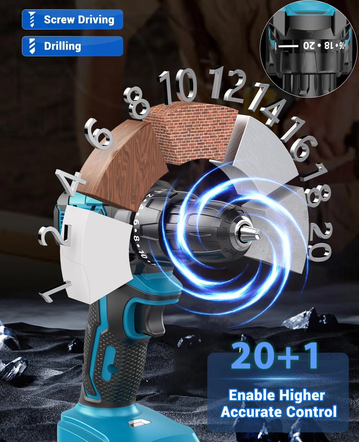 Brushless Trapano Avvitatore Batteria, LEEIKOO Avvitatore a Batteria 21V con Battery 2.0Ah, 45N.m Trapano Elettrico, 20 Coppie, 10mm Mandrino, 21 Accessori Per Casa Progetto, Fai da te, Blu