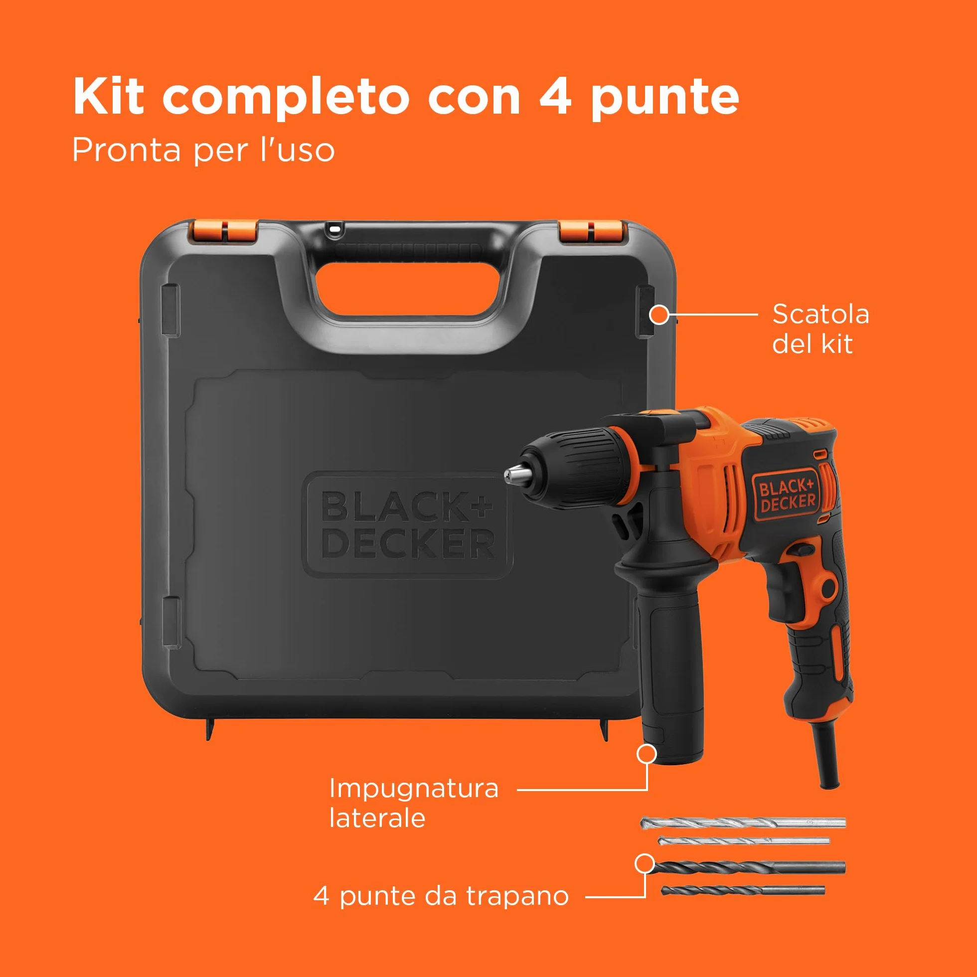 BLACK+DECKER 710W Trapano a percussione a filo ad alte prestazioni, 0-2800 giri/min, con 4 punte e kitbox, BEH710K-QS