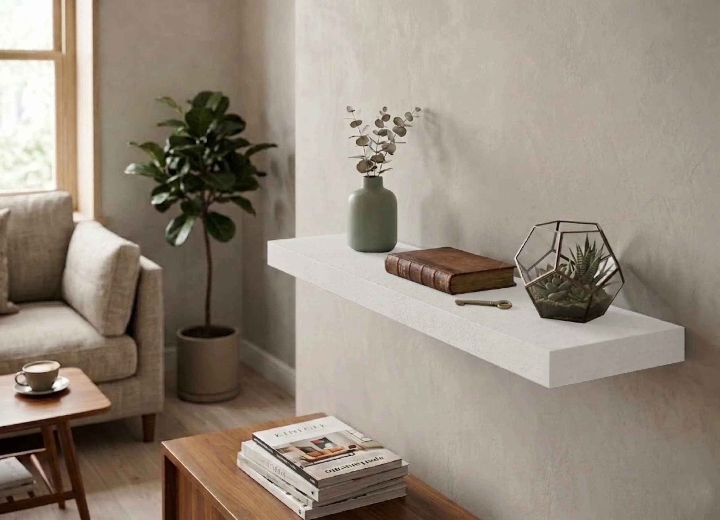 eacommerce Mensola Sospesa da Muro in Legno MDF con Staffa a Scomparsa | Scaffale Parete Design Moderno, Supporto Invisibile, Mensola Cucina Bagno Soggiorno (Bianco Nordico, 60x23x3,8 cm)