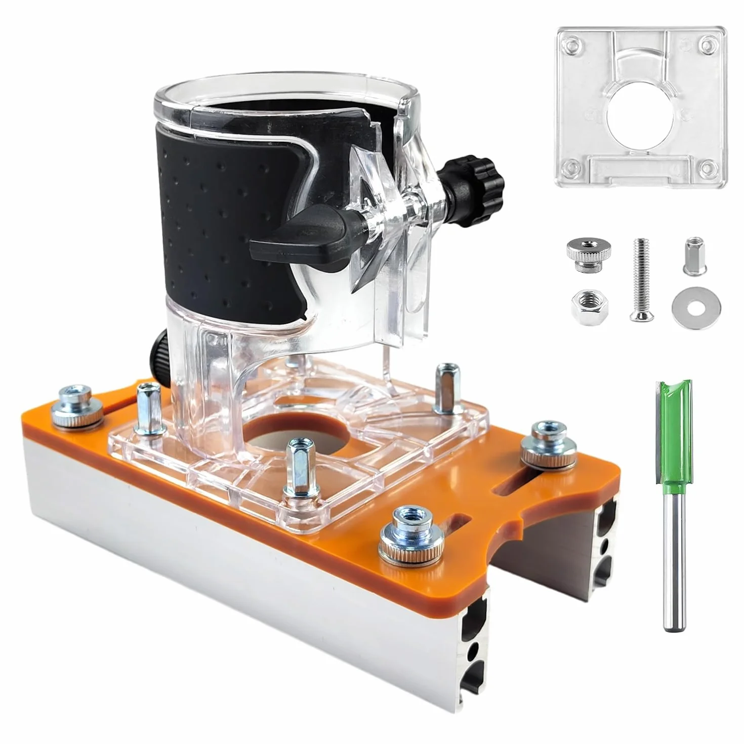 2 in 1 Fresatrice Verticale Legno Piastra di Base, Rifilatore per Legno con Cesto di Fresatura e Piastra di Base in Lega di Alluminio, per Trimmer da 65 MM