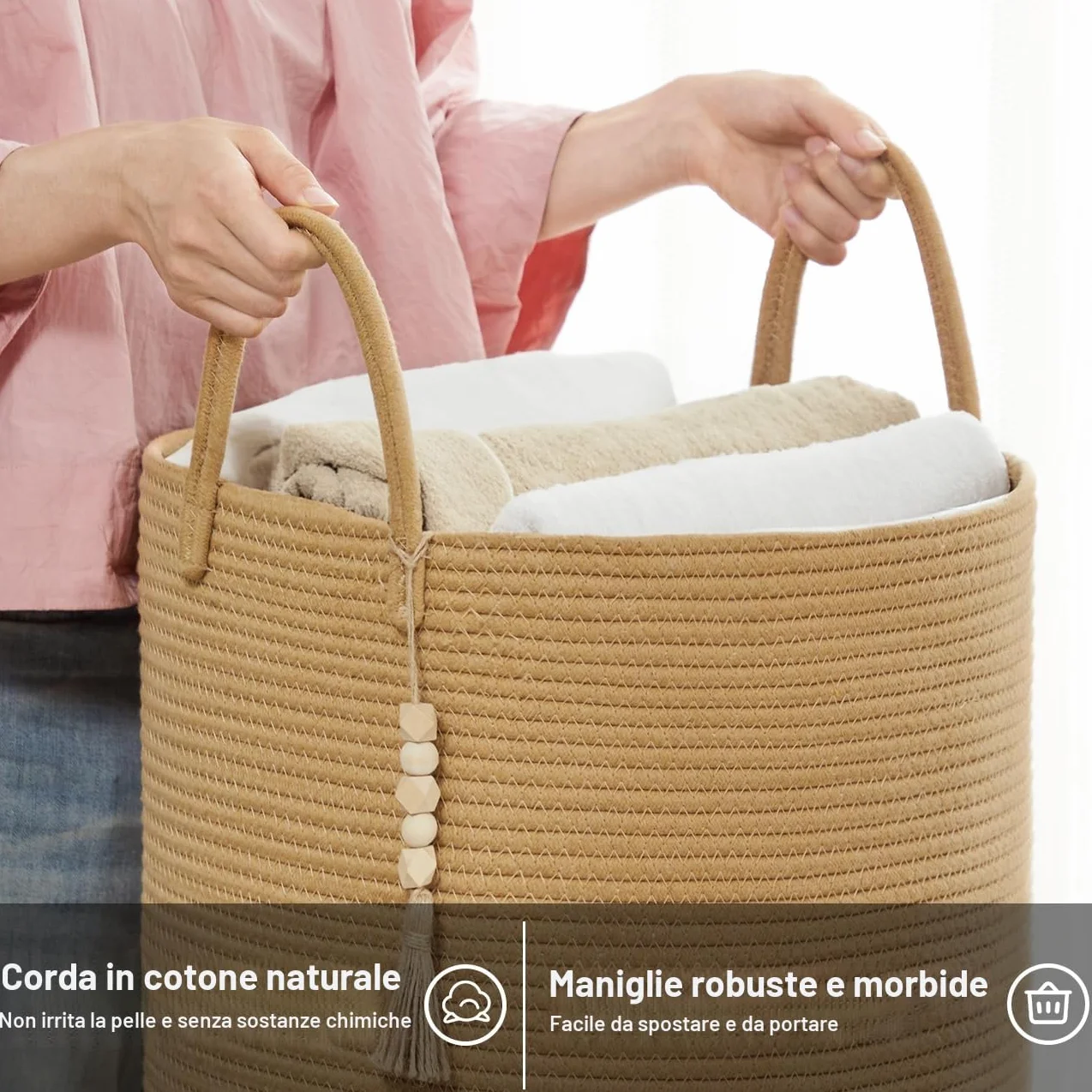 YOUDENOVA Cesto Portabiancheria Intrecciato per Giocattoli,Cesto Biancheria Sporca con Maniglia Cotone, Cesta Decorativa per Vestiti 58L marrone puro