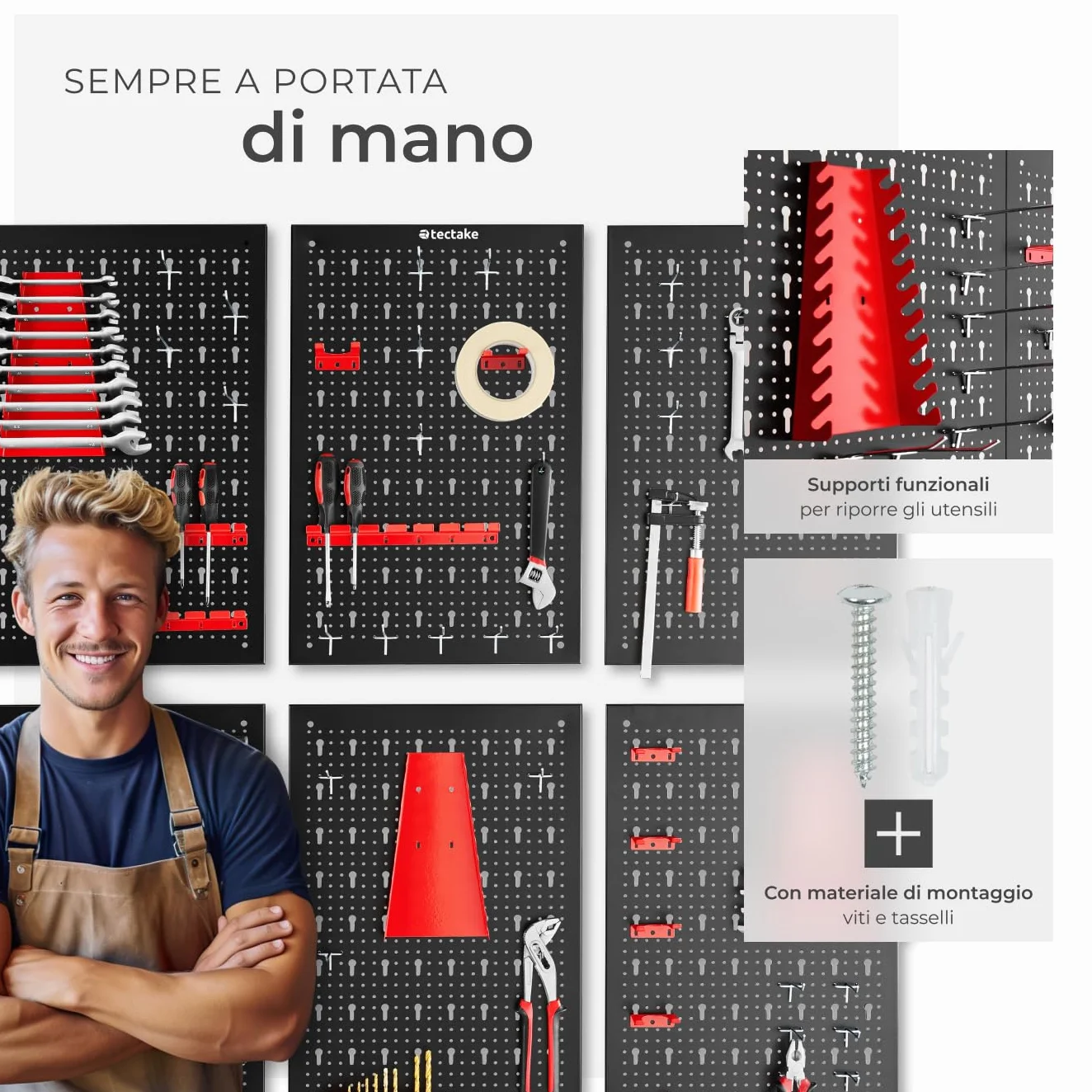 TecTake Pannello Forato Portautensili, 6 Pannelli, 53 Ganci e Sostegni, Espandibile, Adattabile per Garage e Officina