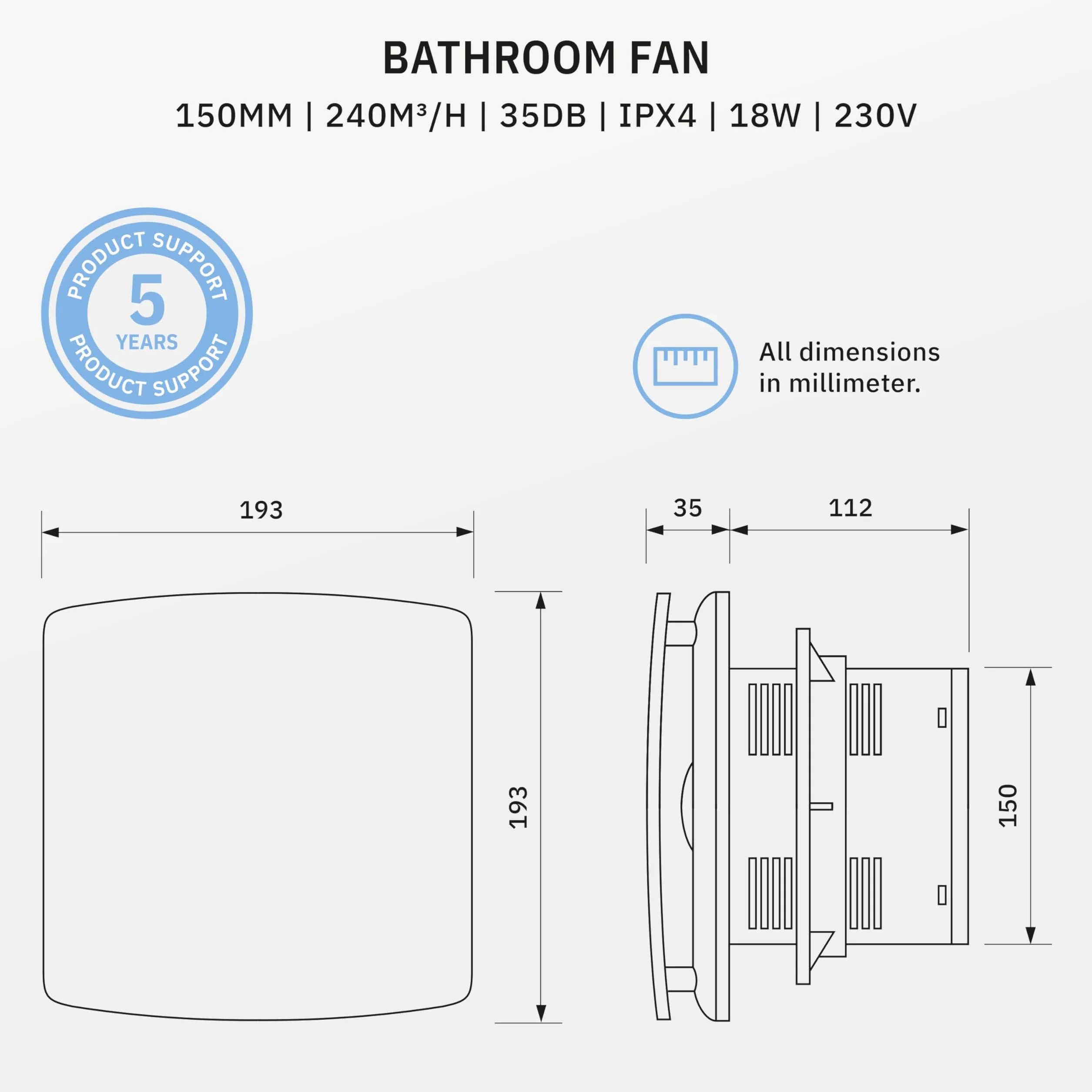 BREEZE Aspiratore Bagno 150mm 18W 240m³/h 35db IPX4 con Sensore di Umidità e Valvola di Non Ritorno