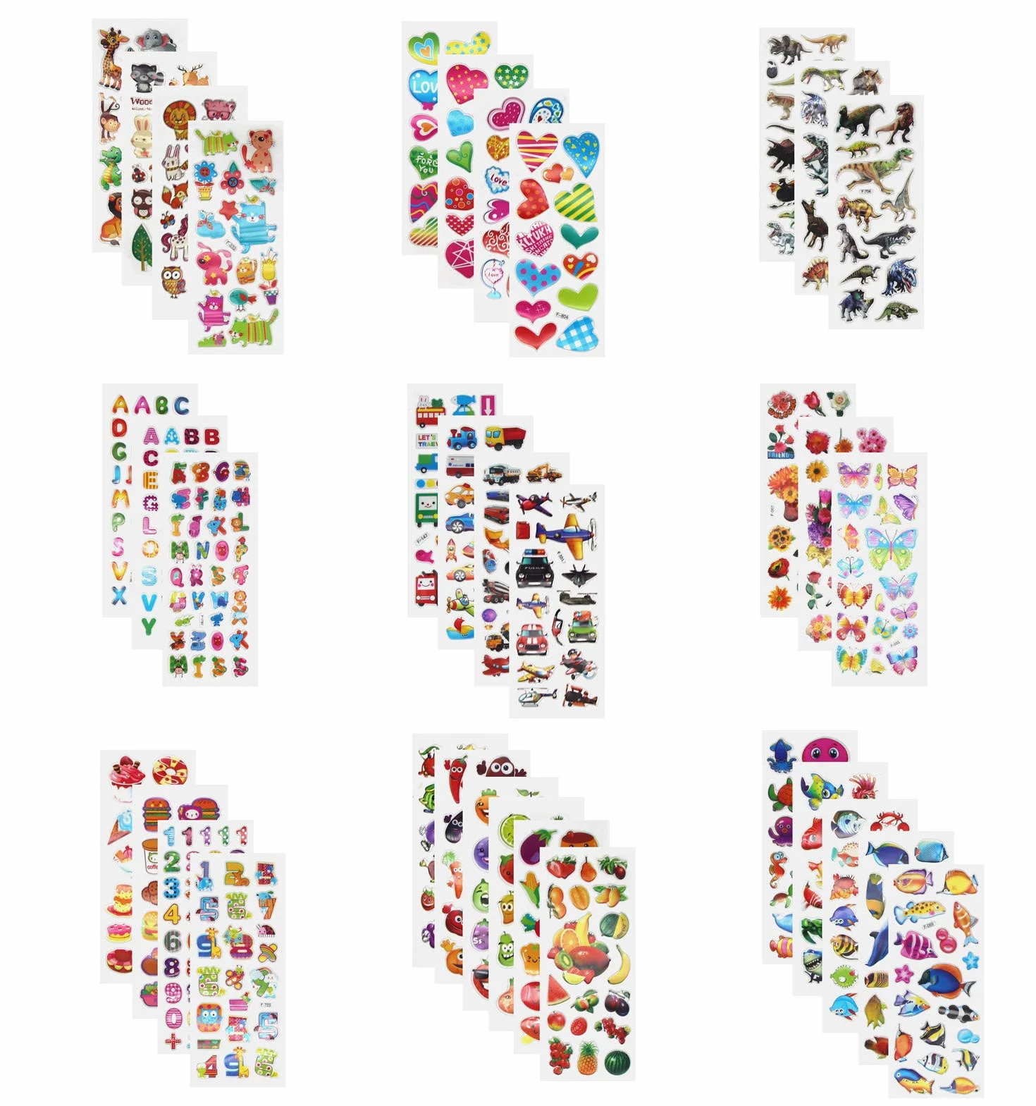 Annhao 1000+ Adesivi 3D per Bambini - Stickers Puffy per Regali Gratificanti, Scrapbooking - Camion, Aeroplani, Animali, Pesci, Dinosauri, Numeri, Frutta, Lettere (40 Fogli)