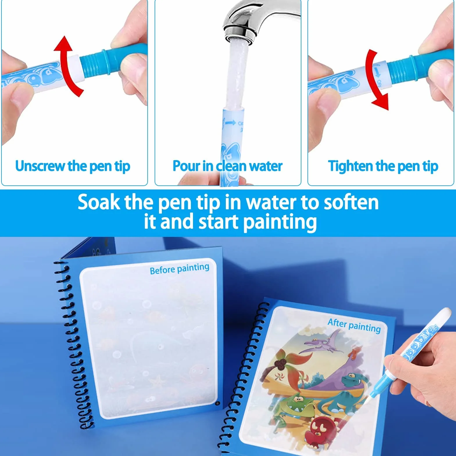 Magic Water Coloring Book 8 Pezzi Libri ad Acqua Bambini Drawing Libro da Colorare Doodle con Penna Magica Riutilizzabile Educativo