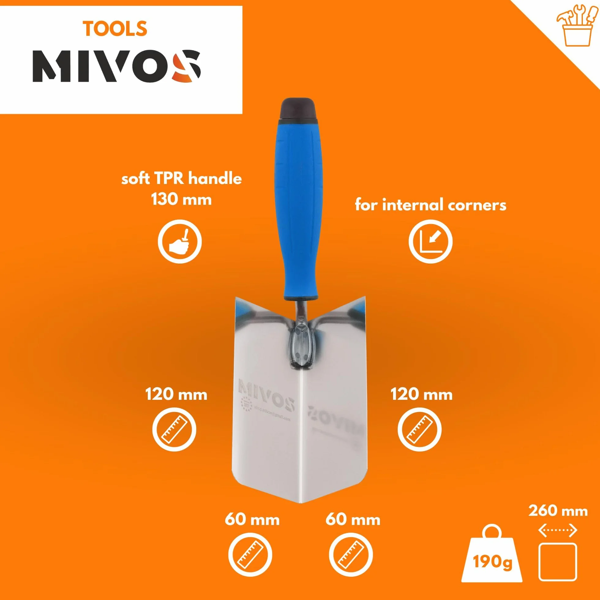 Mivos 2x Cazzuole Angolari Antiruggine 120 x 60 mm - Cazzuola Angolare Interna ed Esterna in Acciaio Inox - Cazzuola per Bordi Interni ed Esterni con Impugnatura Morbida - Spatola Angolare per Stucco