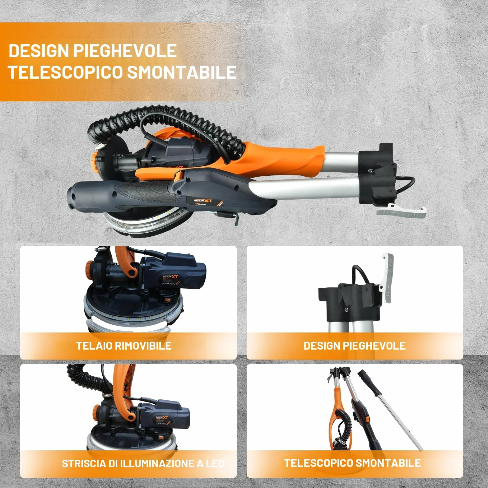 MAXXT Levigatrice per cartongesso Pieghevole 820W 225mm Con aspirazione polvere LED