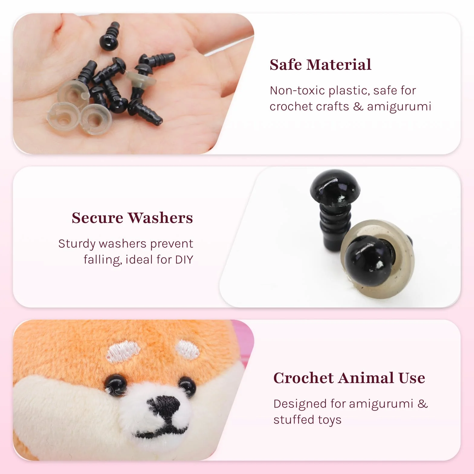 200 pezzi occhi di sicurezza 8 mm con rondelle per amigurumi, pupazzi, bambole e progetti fai-da-te, occhi plastica neri, accessori uncinetto, cucito, feltro, bricolage e artigianato creativo