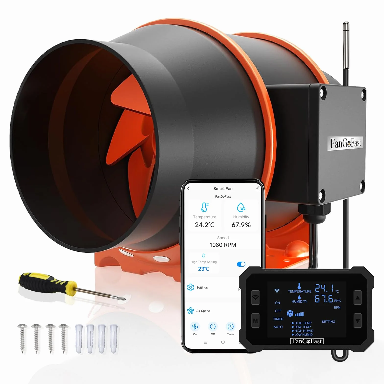 FanGoFast 150 mm Wifi App estrattore d'aria, Avec controllo della temperatura e dell'umidità, motore EC, ventola di aspirazione da 2550 giri/min. per sovralimentatori, tende, serre e grow room