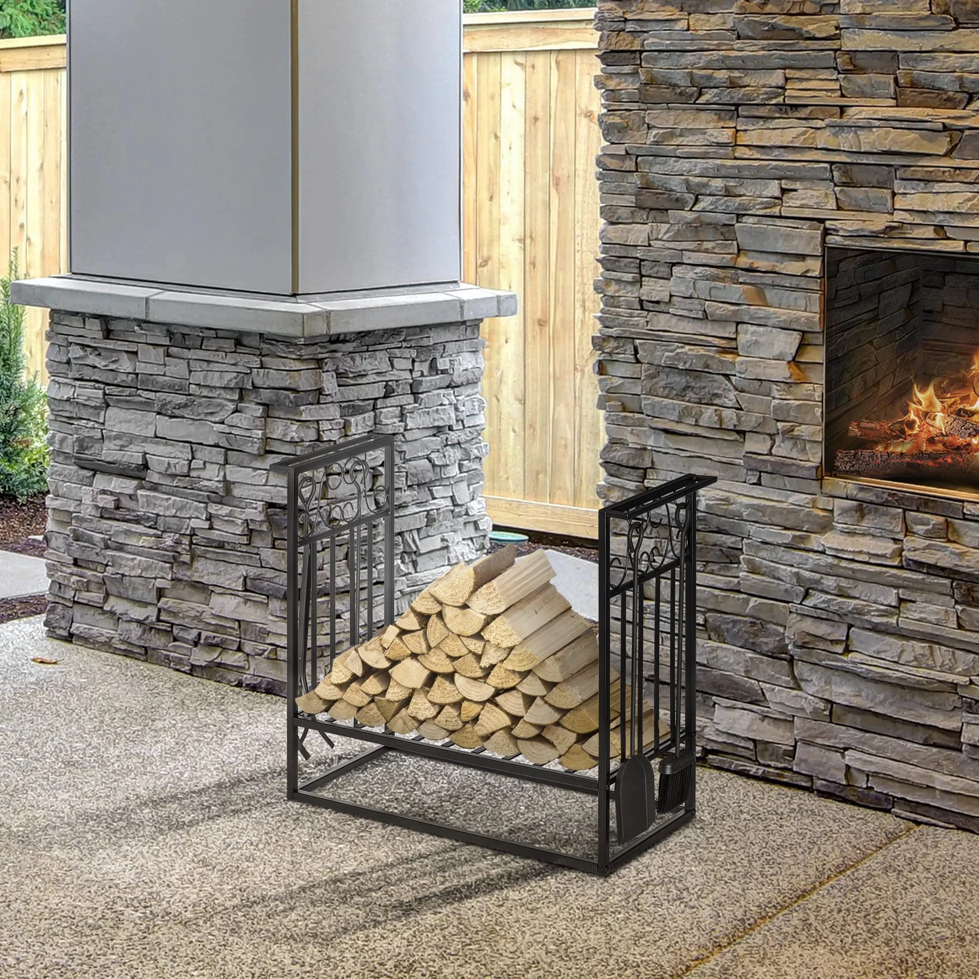 HOMCOM Portalegna Rialzato per Camino in Acciaio Antiruggine, Porta Legna da Interni ed Esterni, 4 Attrezzi Inclusi, 75x30x60cm