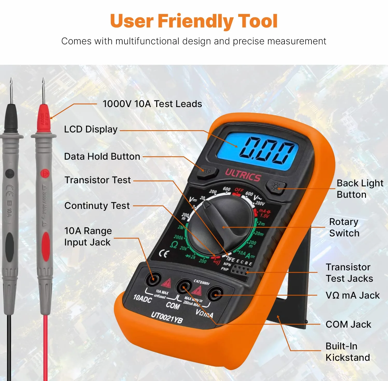 ULTRICS Multimetro Digitale Professionale, Voltmetro Amperometro Ohmmetro DC/AC, Tester Elettrico Portatile
