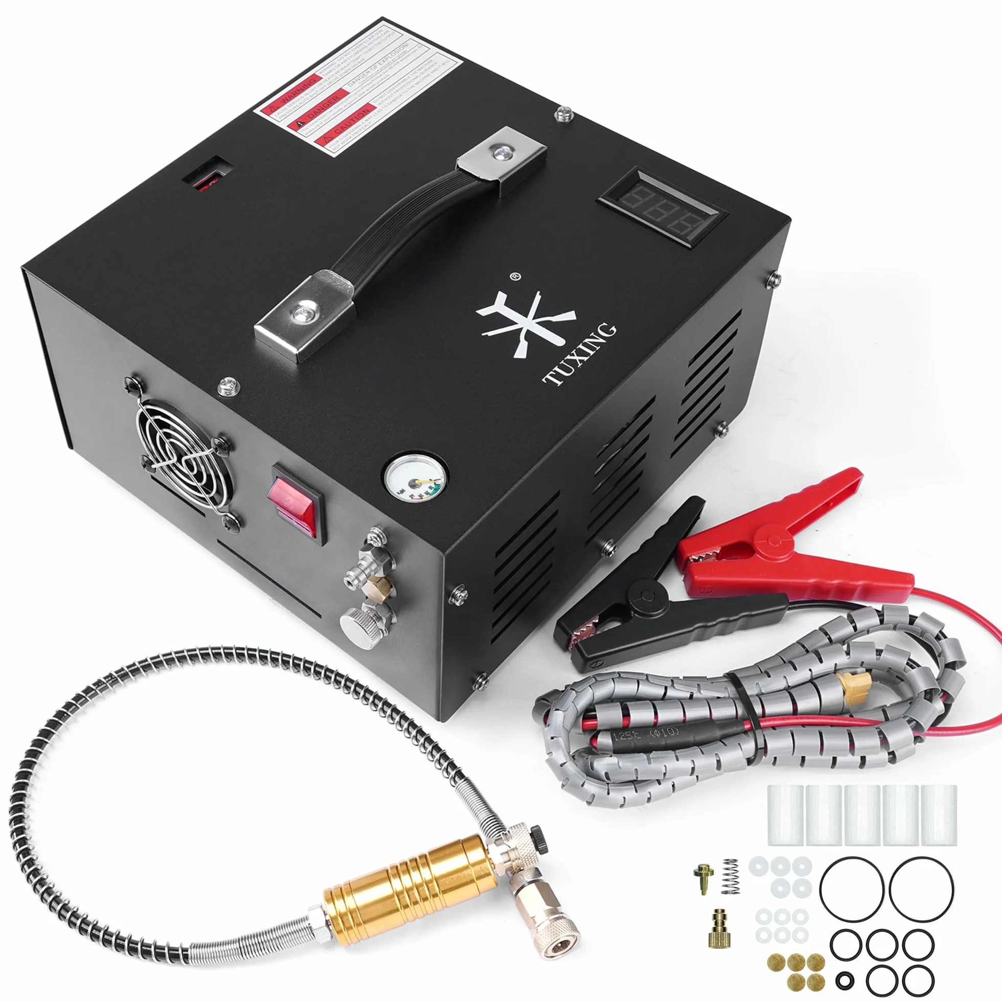 TUXING PCP Compressore d'aria 4500 Psi, compressore d'aria regolabile ad alta pressione alimentato da auto 12V DC o casa 220V AC con adattatore (incluso), pompa per Paintball/serbatoio subacqueo