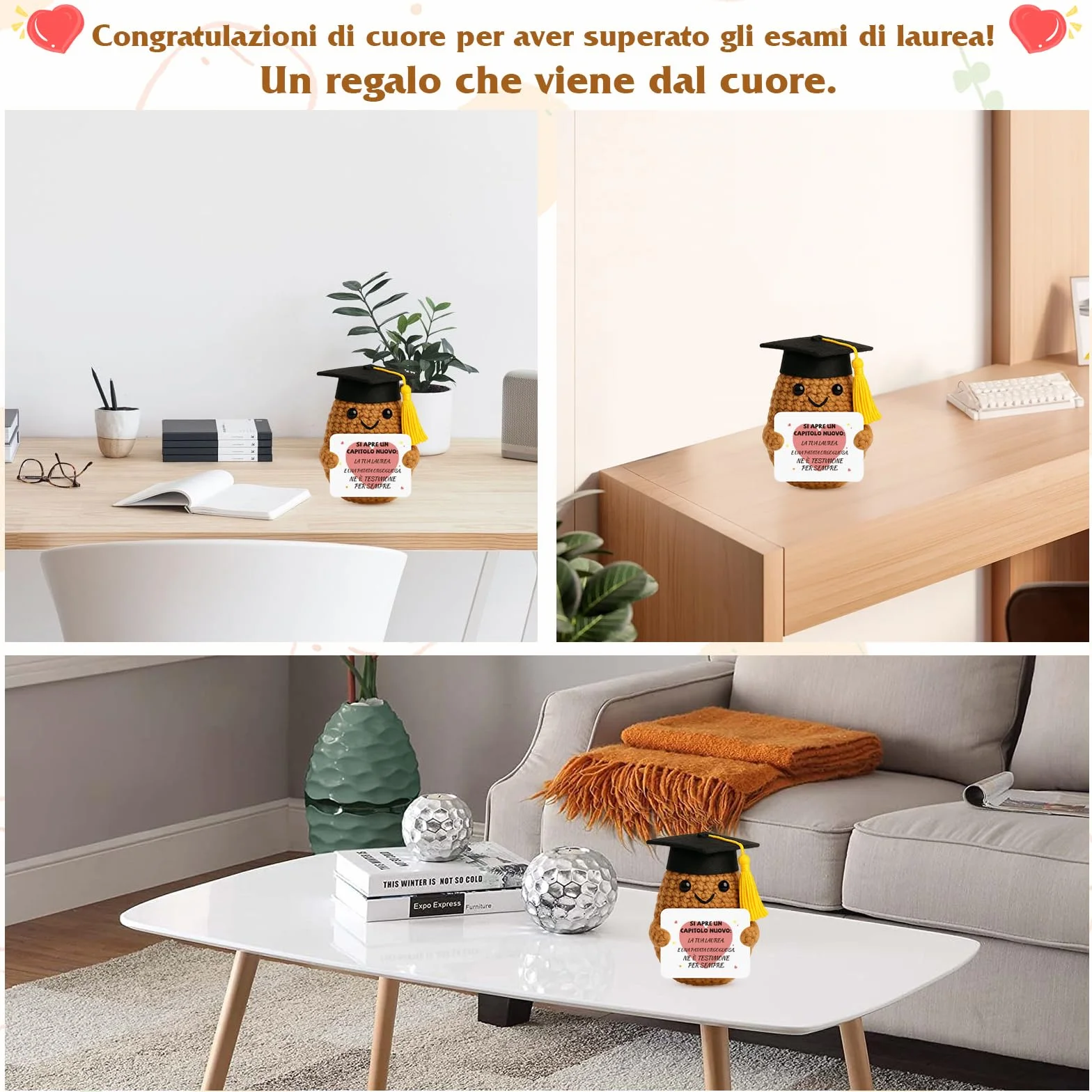 Regalo Laurea Patata Incoraggiante all'Uncinetto a Mano - Pocket Hug Patata Fortunata con Portafortuna Esami e Biglietto di Auguri
