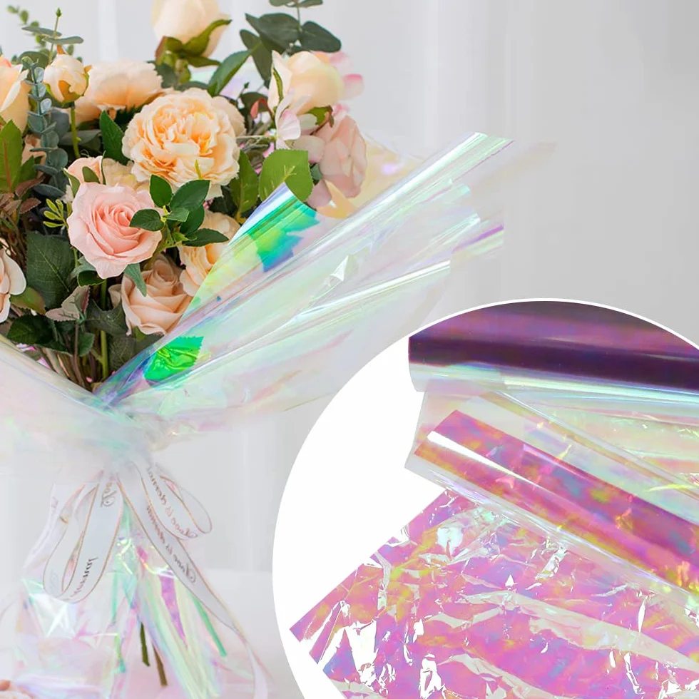 THATSRAD 20 Fogli di Cellophane Trasparente Iridescente per Confezioni 52x60 cm Iridescente Film da Imballaggio in Cellophane Involucro di Cellophan e per Imballaggio per Fiori Regali Cesti