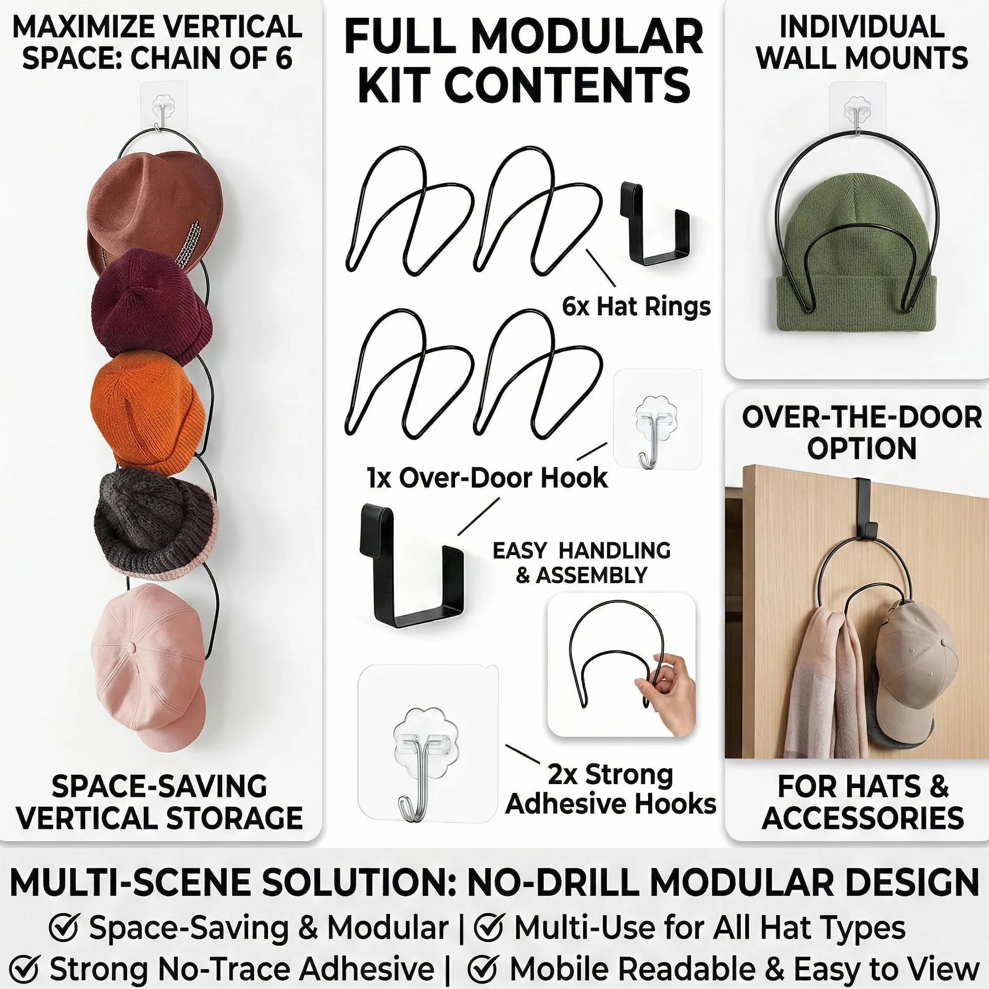 Supporti Porta Cappelli in Metallo da Appendere, Organizer per Porta e Parete, Salvaspazio per Berretti, Sciarpe, Borse