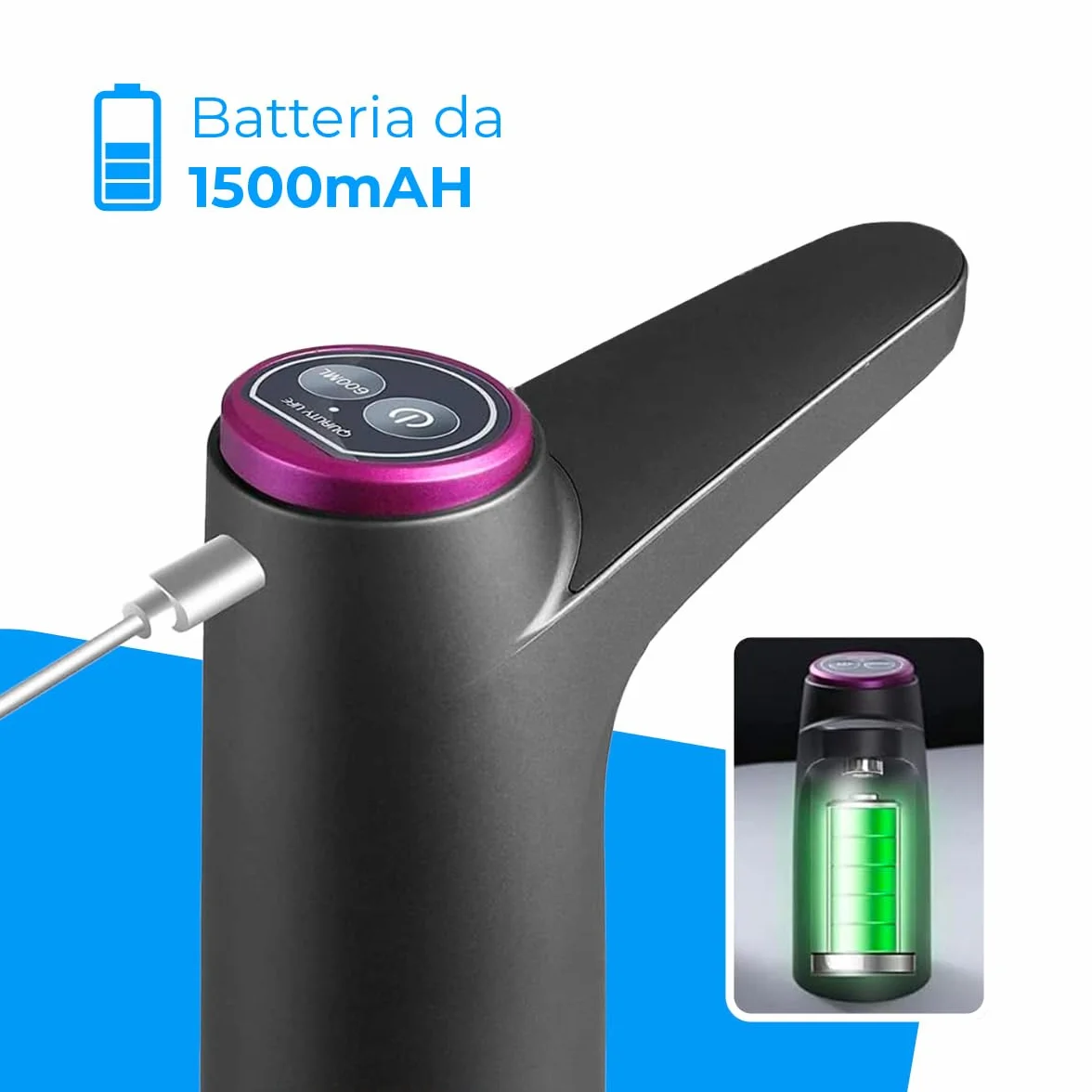 Distributore d'acqua NK con Indicatore LED, batteria ricaricabile USB 1200 mAh, silicone, compatibile 4,5-18,9L, adattatore 3,8-4,8cm, nero