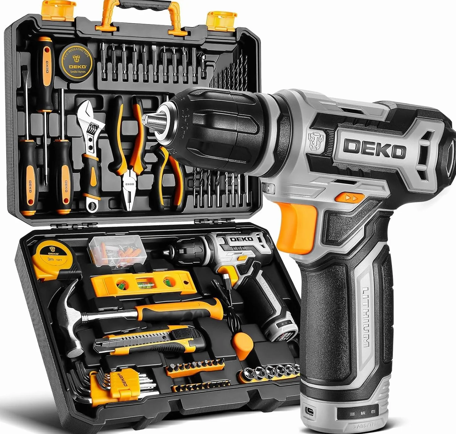 DEKO Cassetta Attrezzi Completa con Trapano Avvitatore Batteria 12V, 133 Pezzi Valigetta con Set Completo di Punte (Grigio)