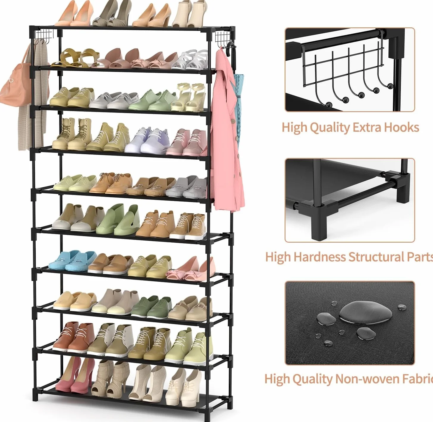Vicye Scarpiera a 10 Ripiani, Scaffale Portascarpe in Metallo per 50 Paia di Scarpe, Scarpiera Armadio Verticale Nera, Organizzatore per Scarpe Alta per Ingresso, Soggiorno e Corridoio