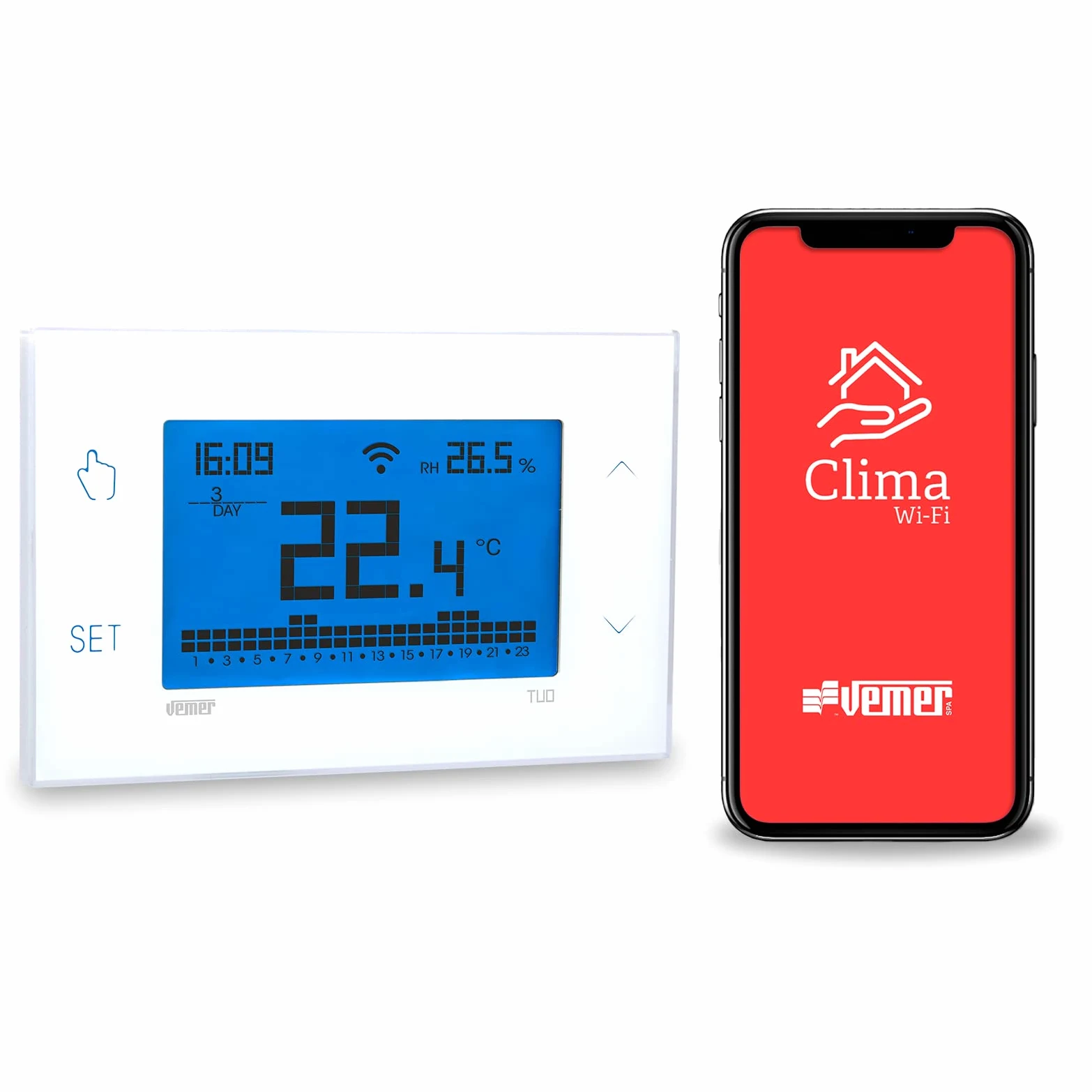 VEMER VE772000 TUO WIFI - Cronotermostato WiFi Settimanale da Parete, Termostato Controllabile da Smartphone con App iOS e Android, Compatibile Google Home e Amazon Alexa, Alimentazione 230V, Bianco