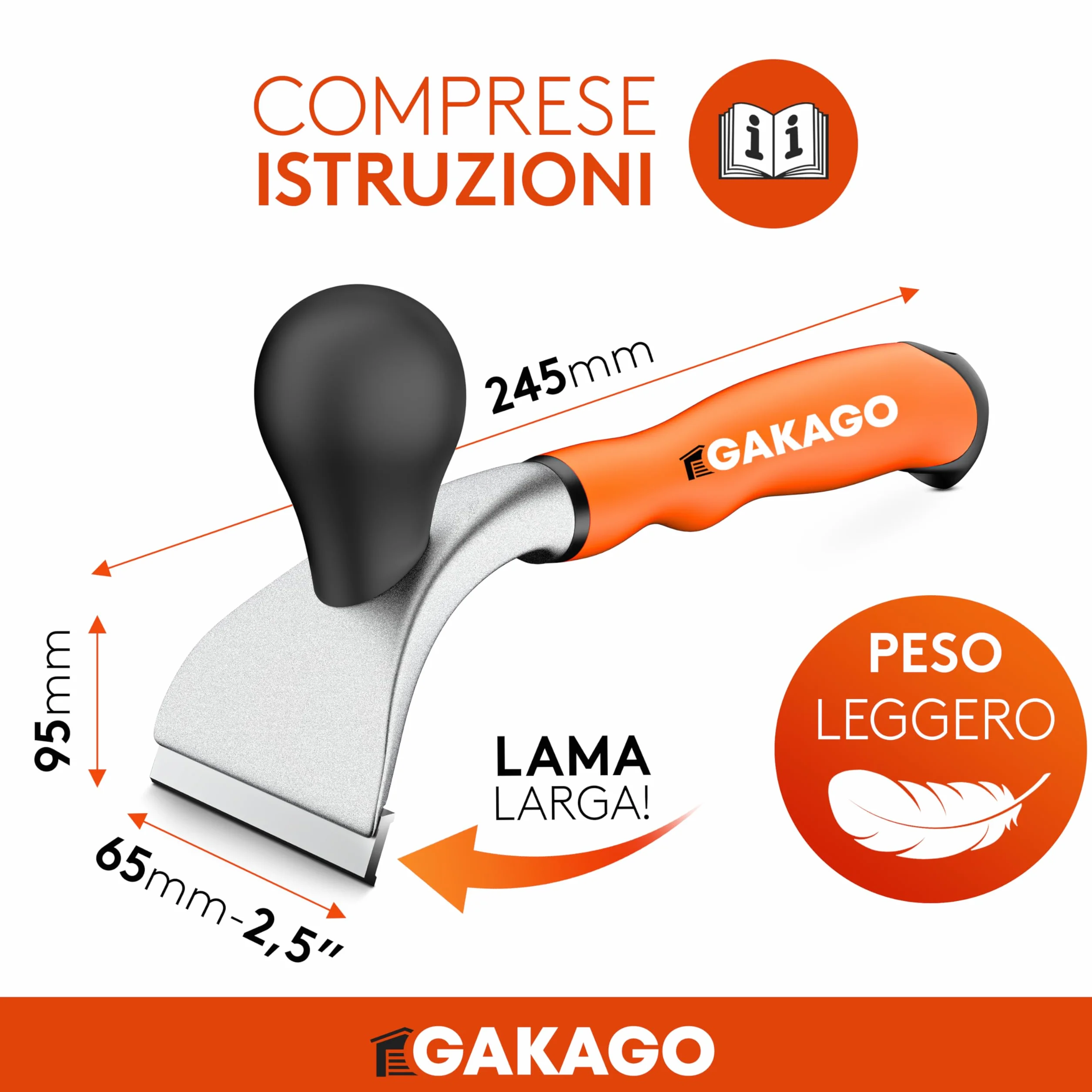Gakago Raschietto - Lama di alta qualità da 65 mm in resistente carburo di tungsteno - Raschietto universale ergonomico e antiscivolo per legno, metallo, cemento o pietra