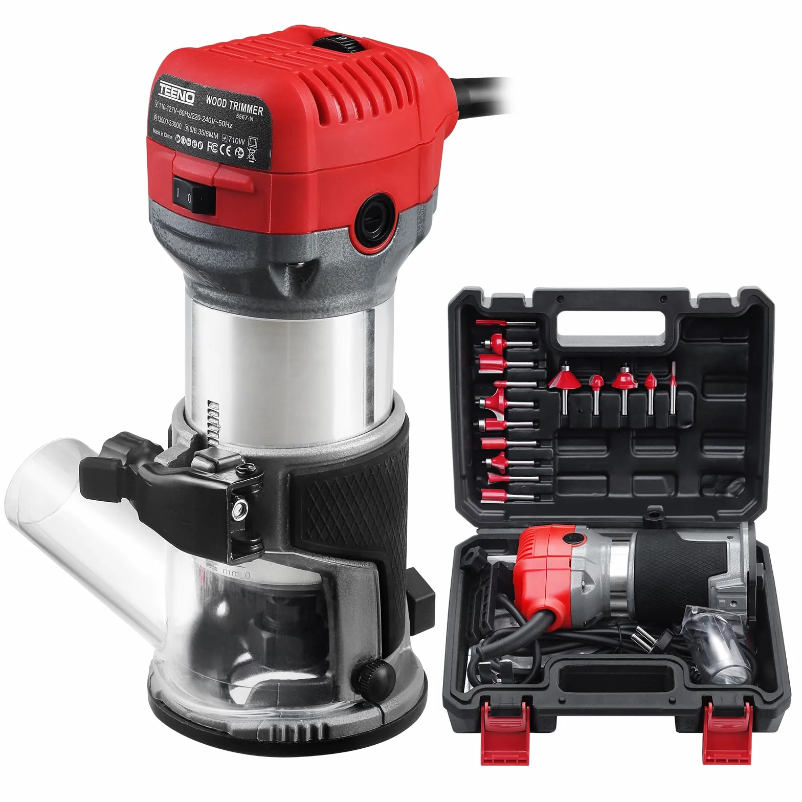 TEENO Rifilatore Fresatrice Verticale per Legno 800W 13000-33000 RPM, Legno Rifilatrice Elettrica Con 15 pezzi 1/4" Fresatura Cuter, 6 Velocità Variabili, Mandrino 6/6.35/8mm,SCATOLA DI PLASTICA