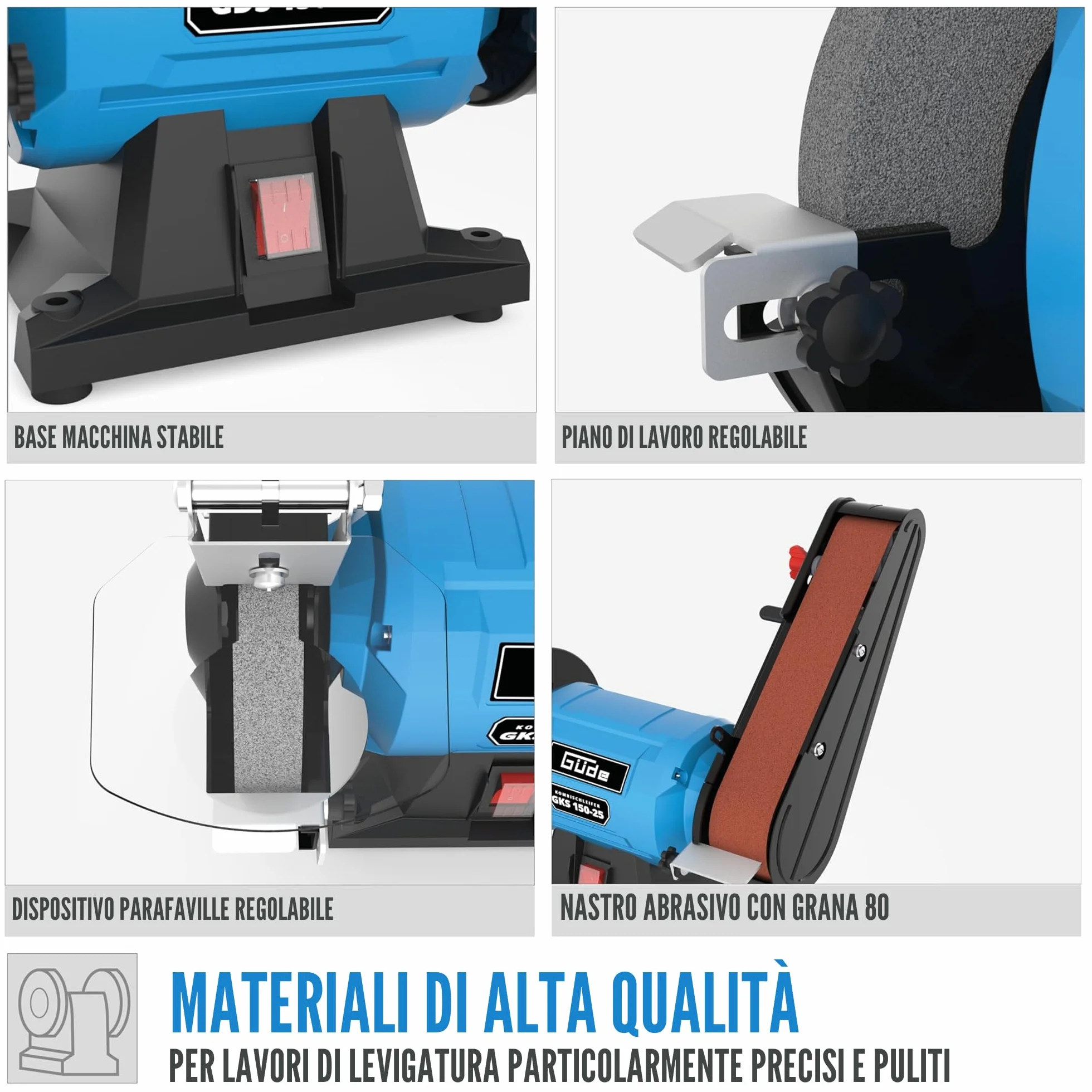 Güde Smerigliatrice combinata GKS 150-25 (250 W, 2980 1/min, motore a condensatore, base stabile della macchina, dispositivo di protezione scintille regolabile, disco abrasivo fine Ø 150 mm 36 K,