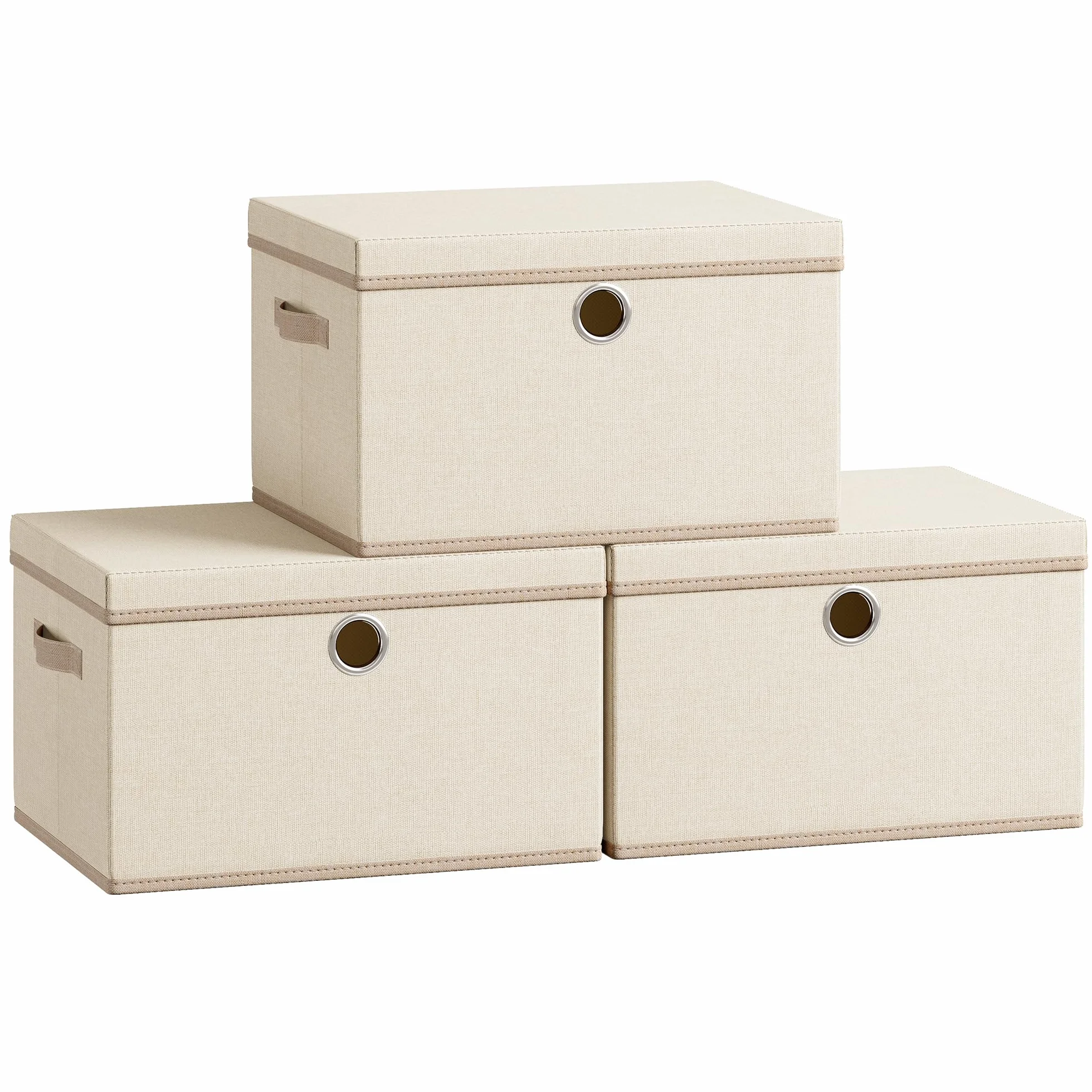 SONGMICS Scatole Portaoggetti con Coperchio, Set di 3 Contenitori in Tessuto, Pieghevoli e Impilabili, 43 x 30 x 30 cm, Beige Cappuccino