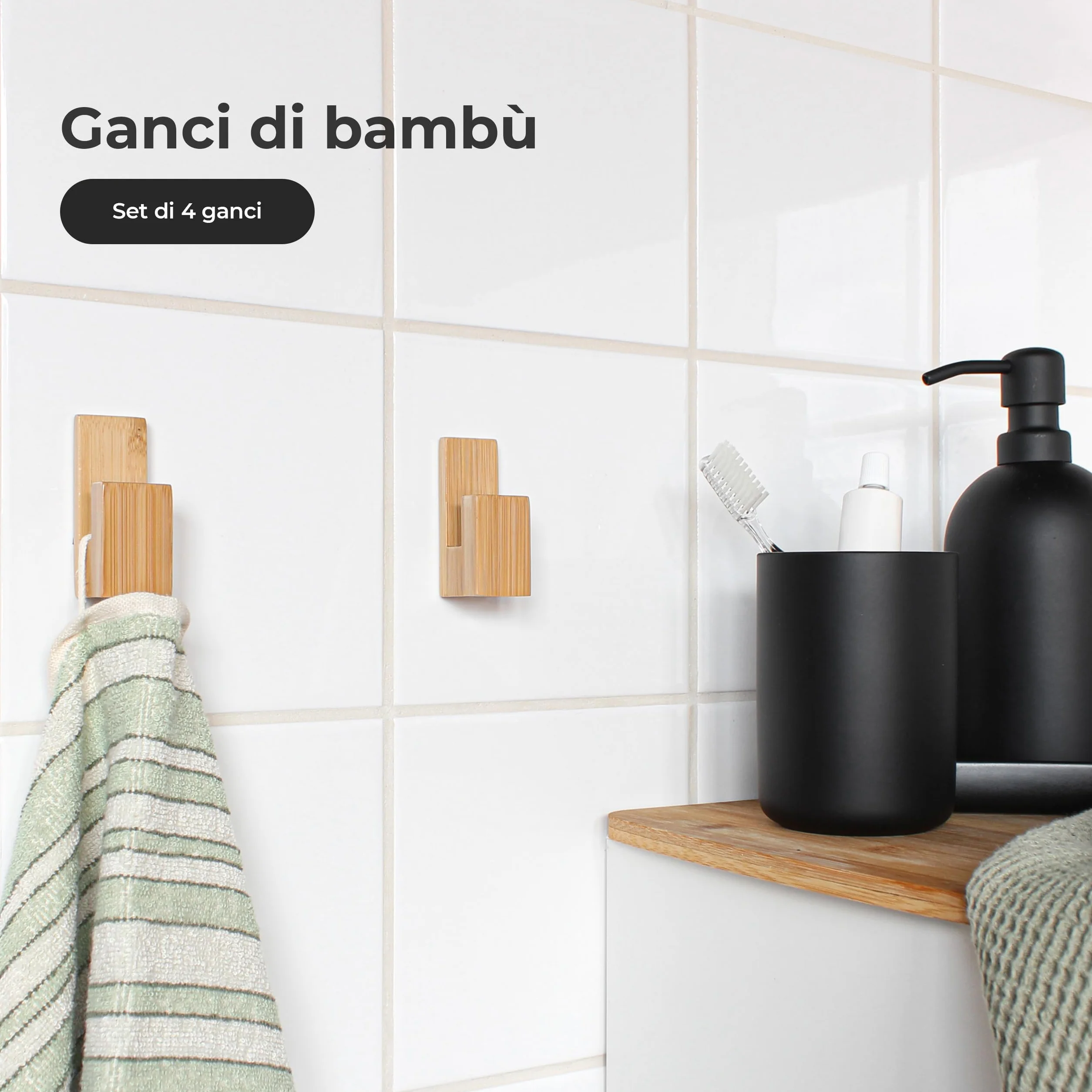 Ganci Appendiabiti Adesivi Bambù Set 4 - Portaasciugamano da Bagno Senza Forare