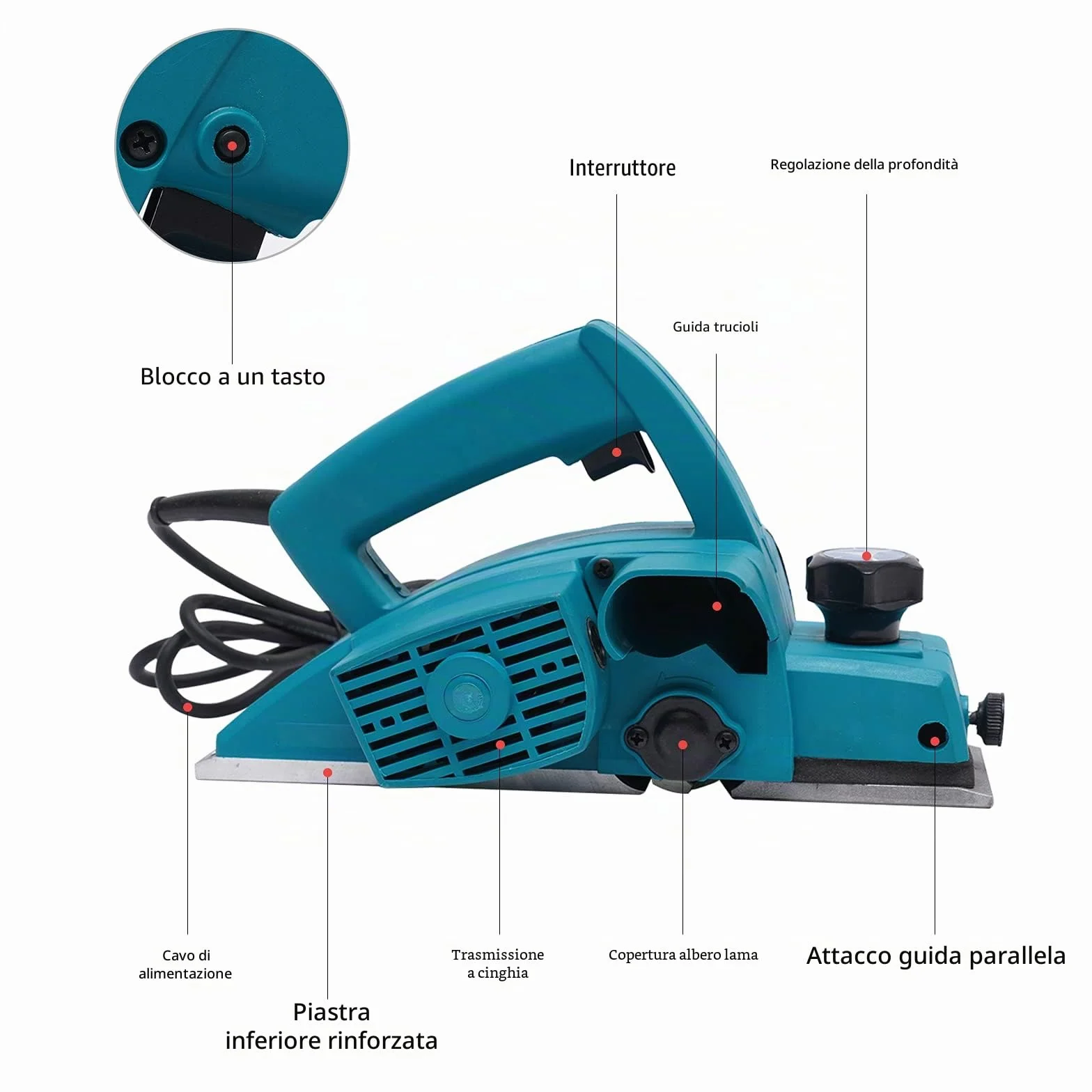 Pialla professionale elettrica | 800 W | Larghezza piallatura 82 mm | Profondità max 2 mm | Vassoio svasato piatto | Potente per legno | Pannelli