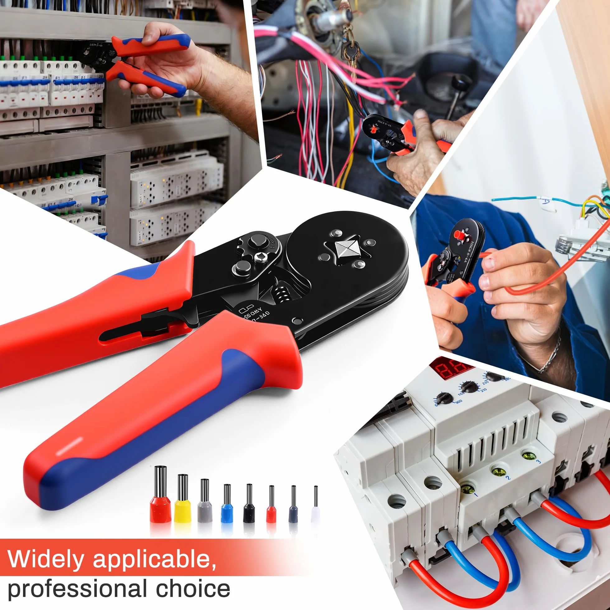 Pinza crimpatrice capicorda regolabile automaticamente, include 1200 capicorda elettrici a crimpare per cavi 0.25-10mm². Set completo con crimpatrice puntalini e accessori.