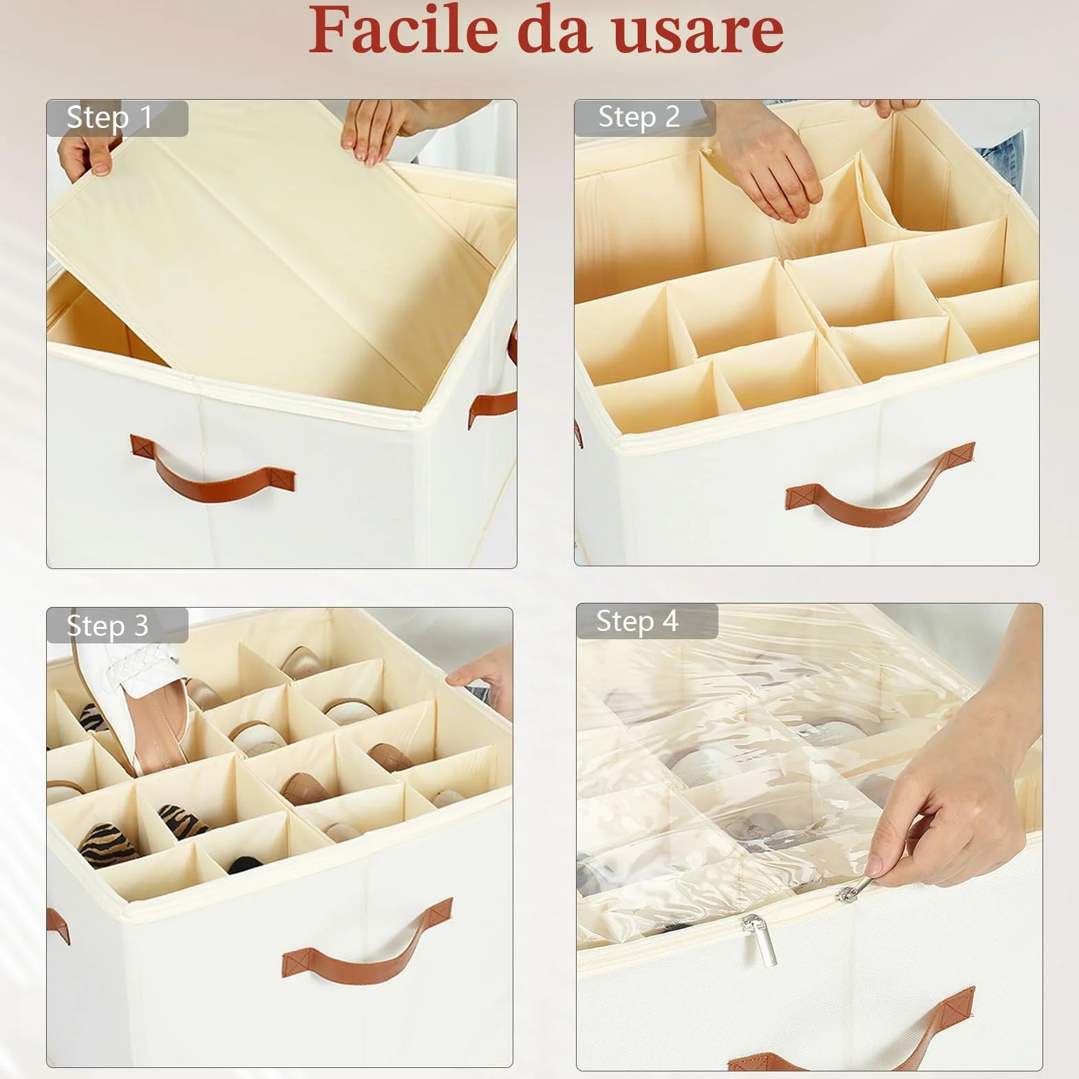 Organizer per Scarpe per 16 Paia, Grande Scatola per Scarpe Contenitore con Scomparti Regolabili, Pieghevole Risparmio Spazio Scatole per Scarpe (Beige)