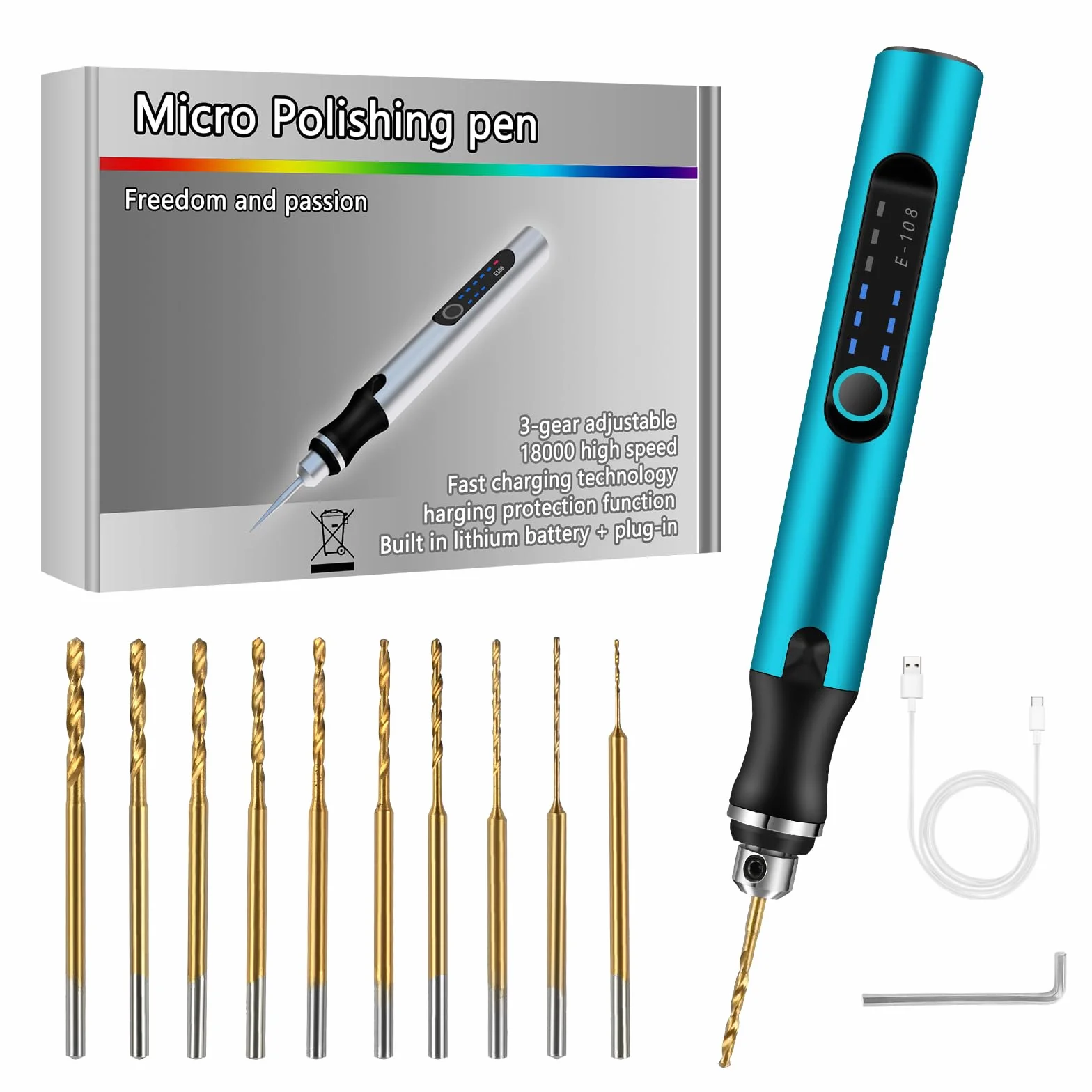 Comius Sharp Mini Trapano Elettrico a 3 Velocità, DIY Drill Pen Set con 10 Trapano Elicoidale (0.6-2.2 mm), USB Ricaricabile, Set di Punte per Resina, Plastica, Legno, Circuiti (Blu)