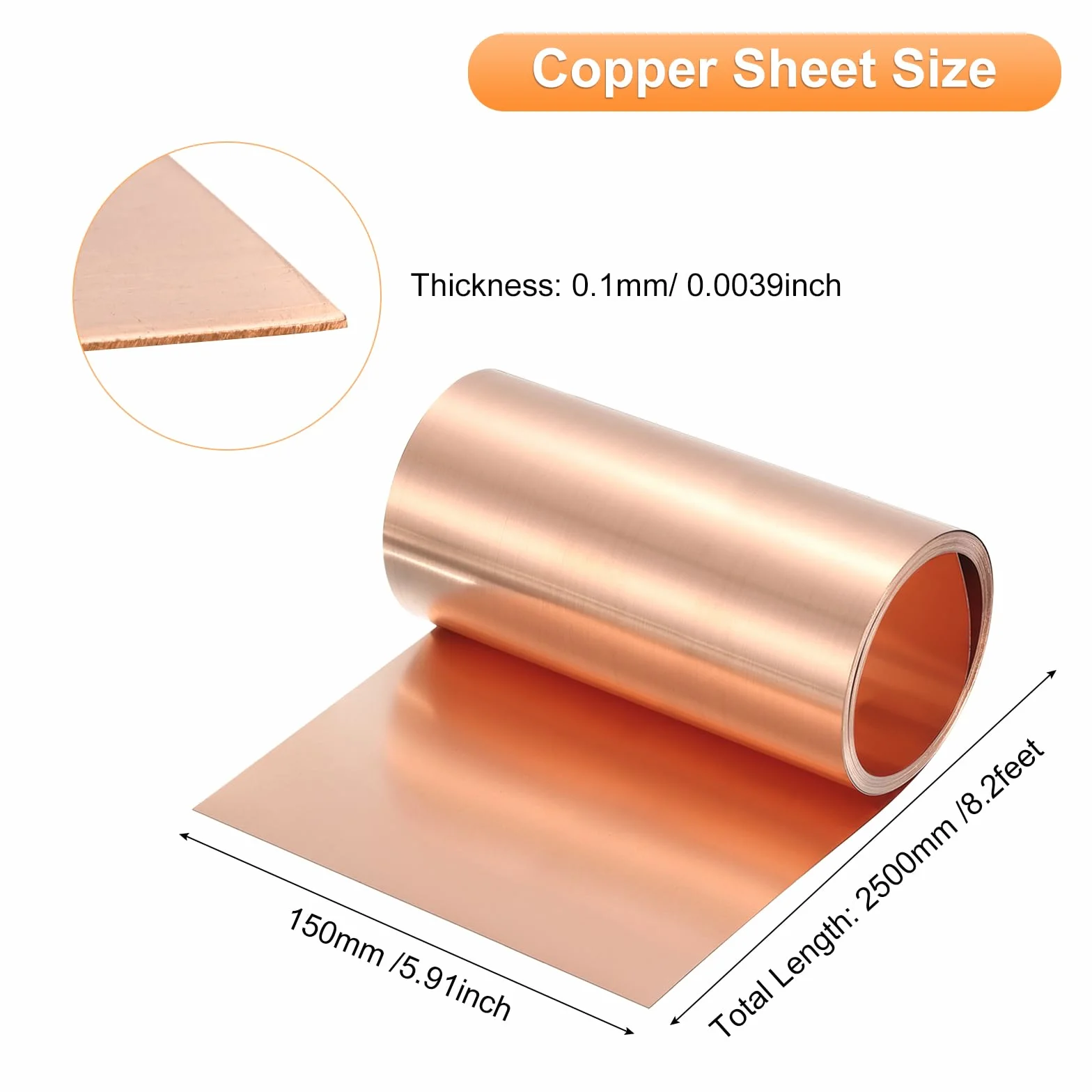 QUARKZMAN Rotolo Di Lamiera Di Rame 2500mm x 150mm x 0.1mm, 6" x 8.2ft 38 Gauge 99.9% Puro Striscia Di Rame Lamiera metallo Foglio Di Rame Per Progetti DIY Elettrici (Misure Multiple)
