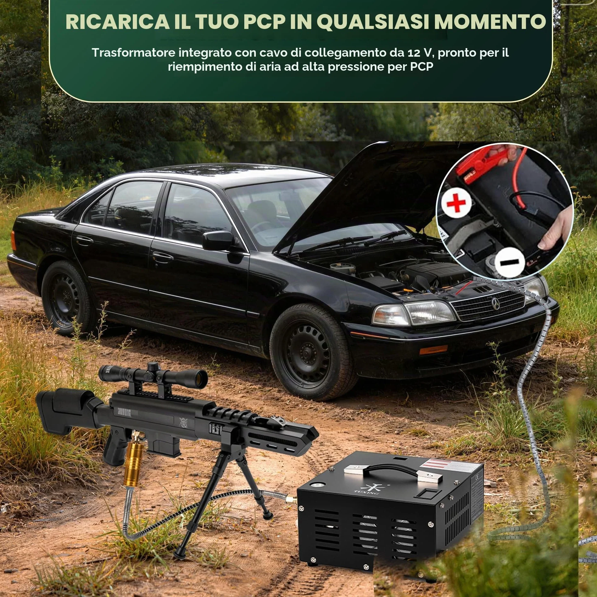 TUXING PCP Compressore d'aria 4500 Psi, compressore d'aria regolabile ad alta pressione alimentato da auto 12V DC o casa 220V AC con adattatore (incluso), pompa per Paintball/serbatoio subacqueo