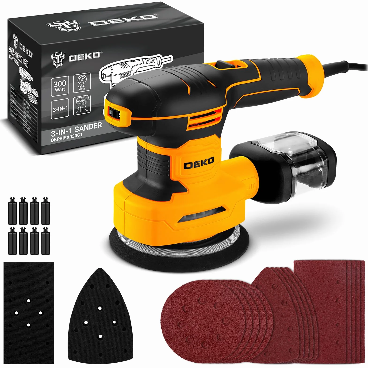 DEKOPRO Levigatrice Orbitale 3-IN-1 300W 13000RPM 6 velocità con accessori